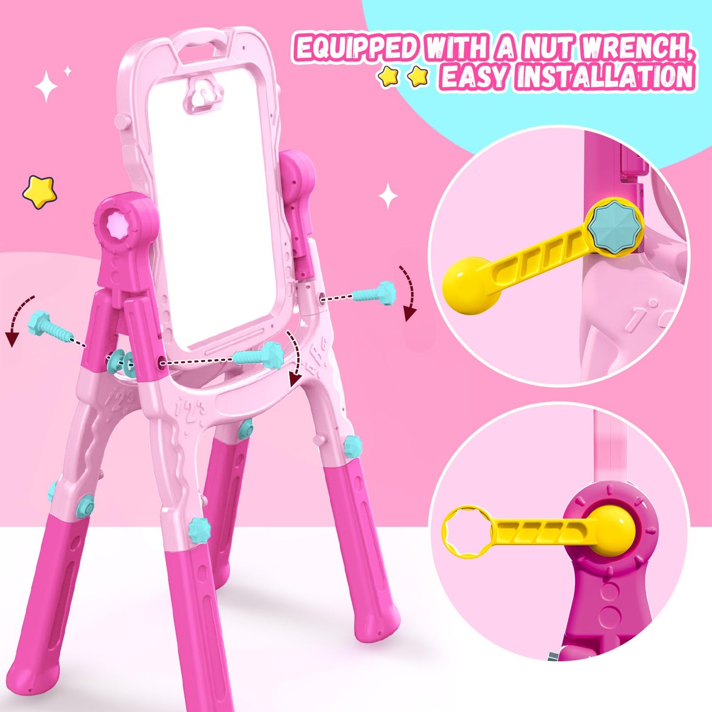Art Easel for Kids - Adjustable Double-Sided Rotatable Magnetic White Board with Painting Accessories, Preschool Learning Toy for Girls 3-5 Years Old,Ideal Christmas Birthday Gift (Pink)