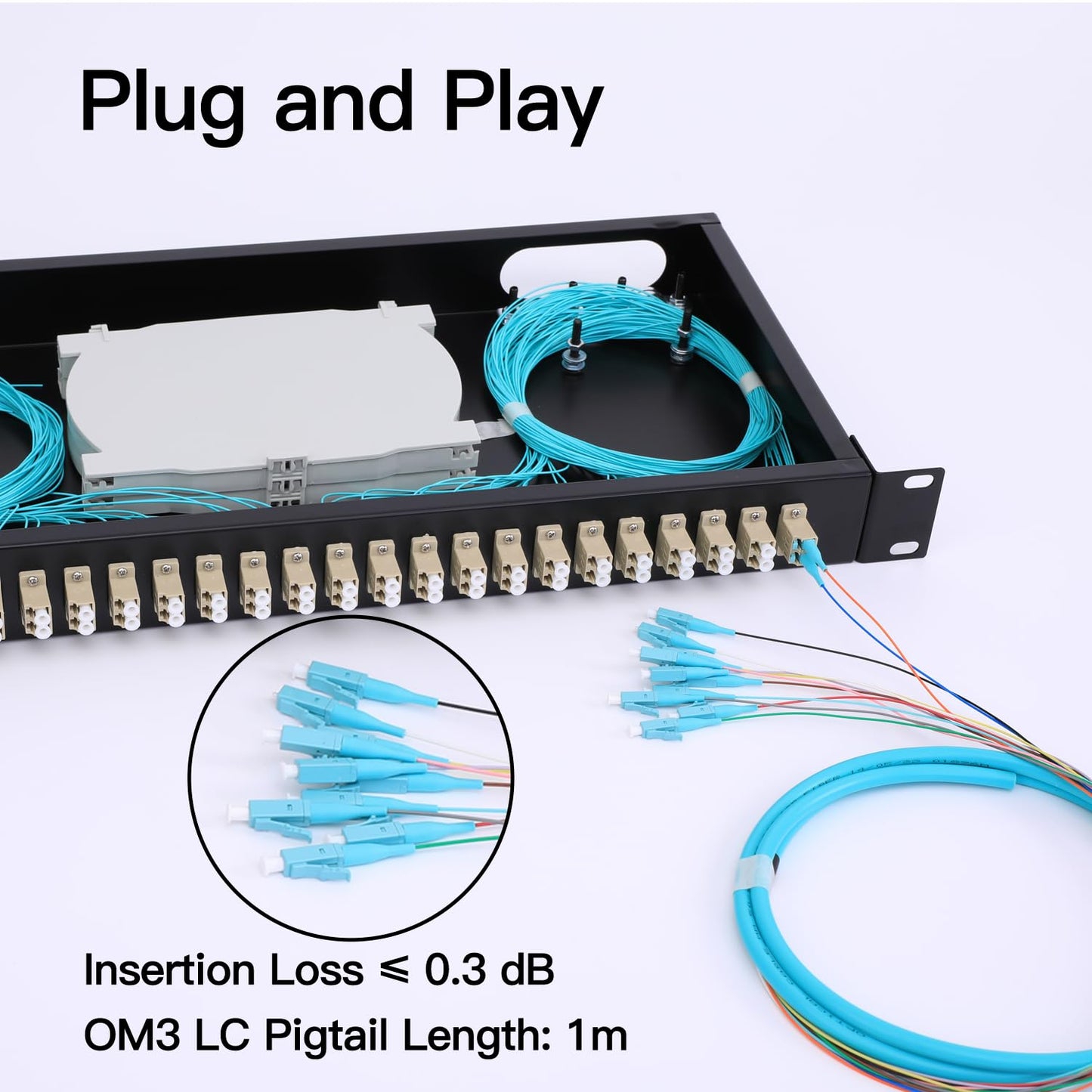 LC-OM3 Multimode Fiber Enclosure - 24 Duplex, 48 Port Rack Mount Box for 19" Racks - 1 RU with LC-UPC Kit, 2 Splice Trays, 48 Strand Pigtail Cables, and LGX Patch Panel