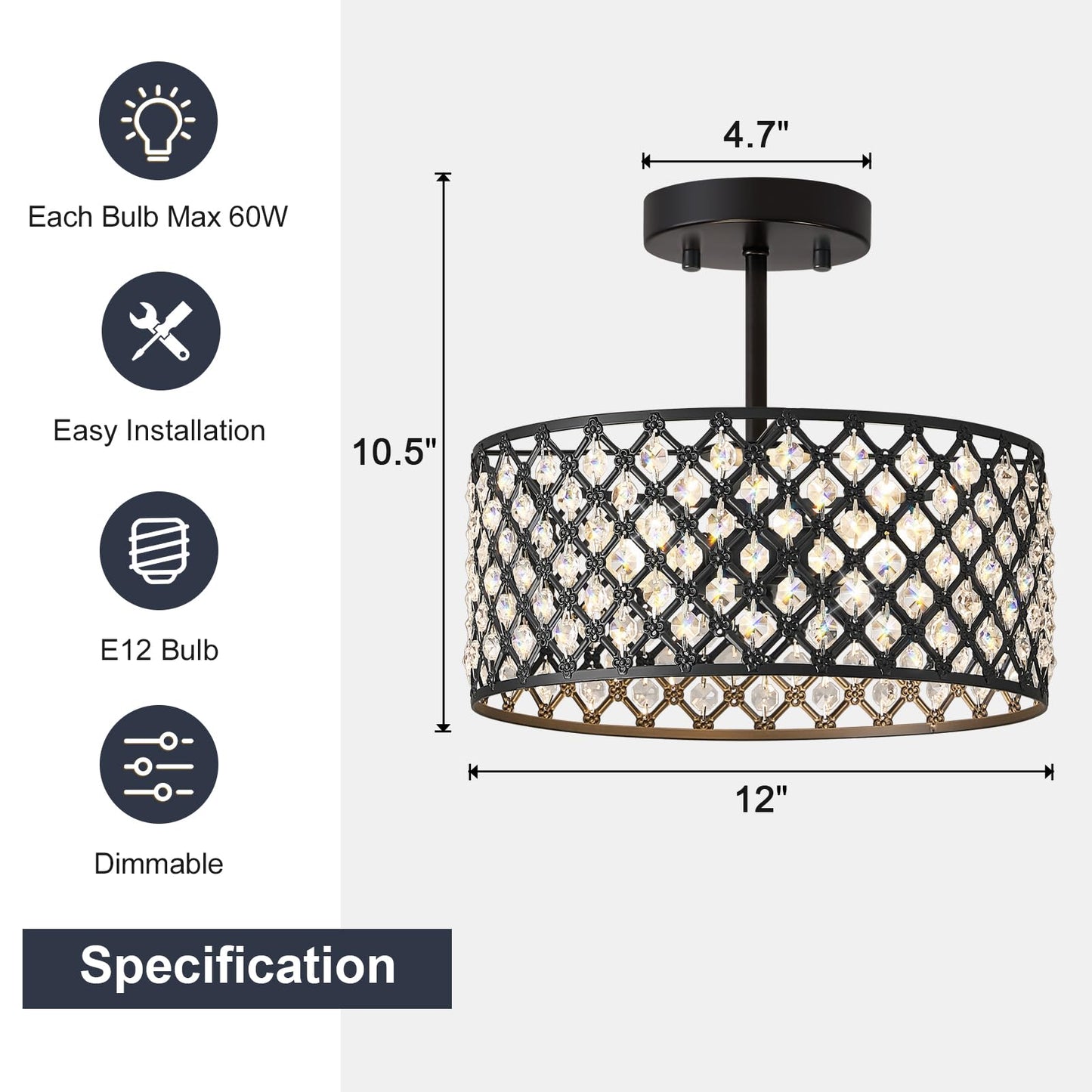 BZVESR Black Crystal Ceiling Light Fixture,Modern Semi Flush Mount Ceiling Lighting Fixture,Round Small Chandelier for Dining Room, Hallway, Entryway, Kitchen, Bedroom,Foyer,3 Light,12 inch