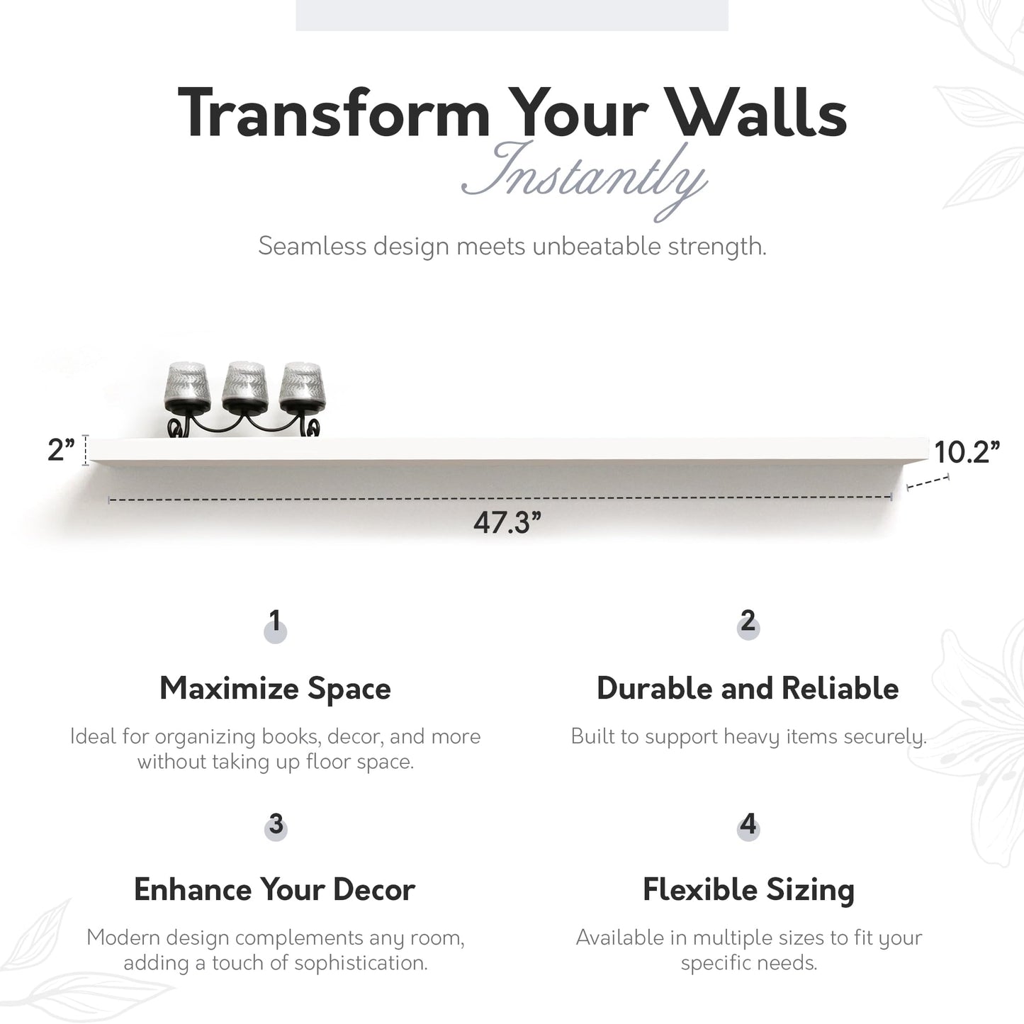 InPlace Durable Shelf with Invisible Brackets - Easy to Install & Remove Deep Floating Shelves for Wall - Infant MDF Wall Shelf for Bedrooms & Kitchen - 10.2"D x 47.3"W x 2"H - White - 0191801