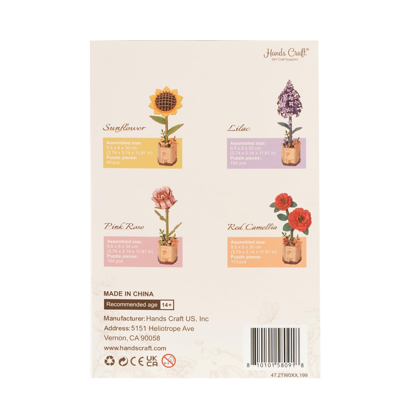 Hands Craft 3D Wooden Puzzle Craft Set – Botanical Garden Collection, DIY Building Kit with 3D Flower Puzzles - Sunflower, Lilac, Rose, Camellia. Decorative Wooden Floral Art for Home Decor