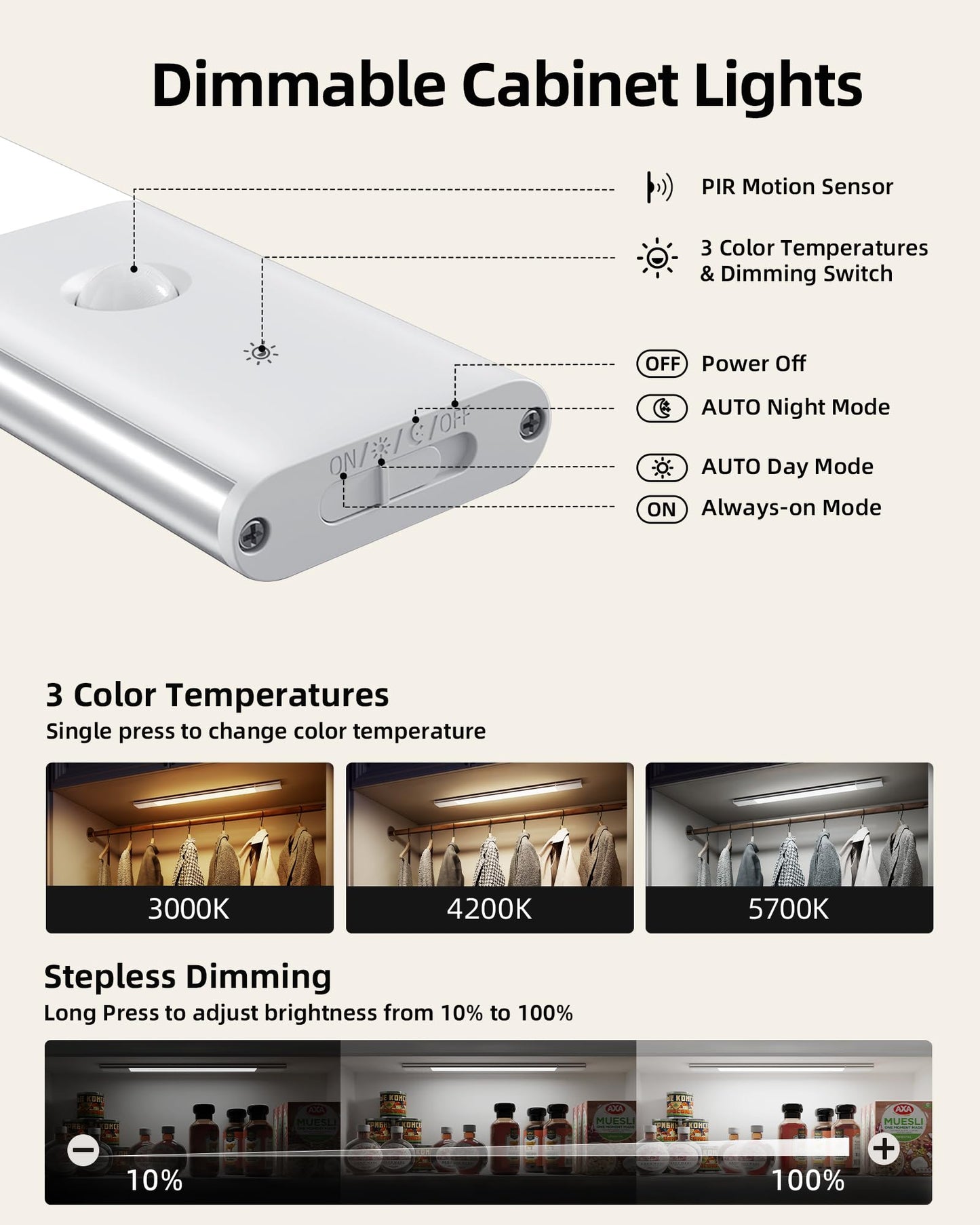 EZVALO Under Cabinet Lighting, Motion Sensor Closet Lights with 3 Extra Batteries, 76 LEDs Dimmable Eye-Caring Rechargeable LED Lights, 3 Color Temps, Under Counter Lights for Kitchen, Wardrobe