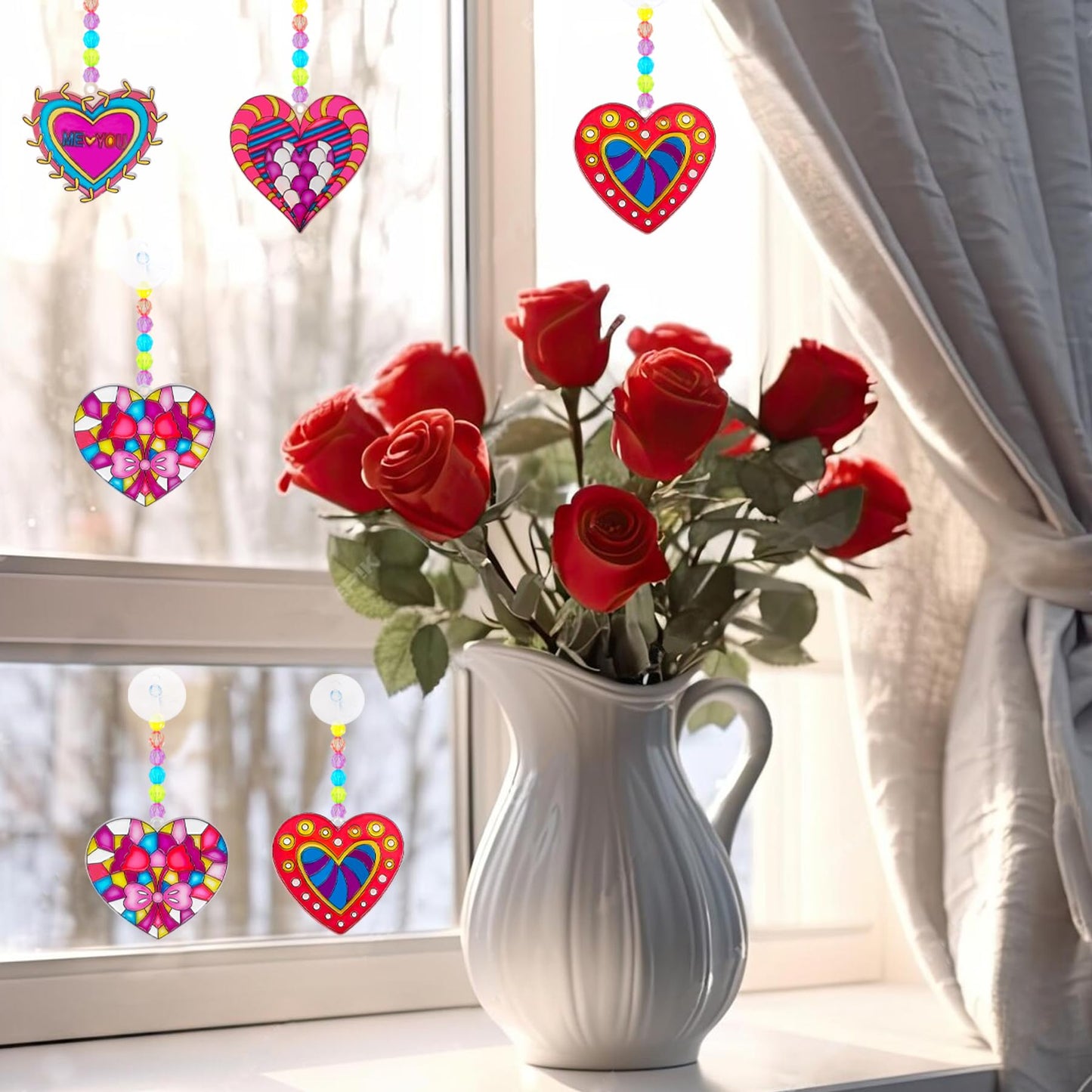 Ayhuhra 28 Sets Heart Suncatchers for Windows Valentine's Day Suncatcher Craft Kits DIY Window Paint Art Heart Sun Catchers for Classroom Art Craft Mother's Day Party Supplies