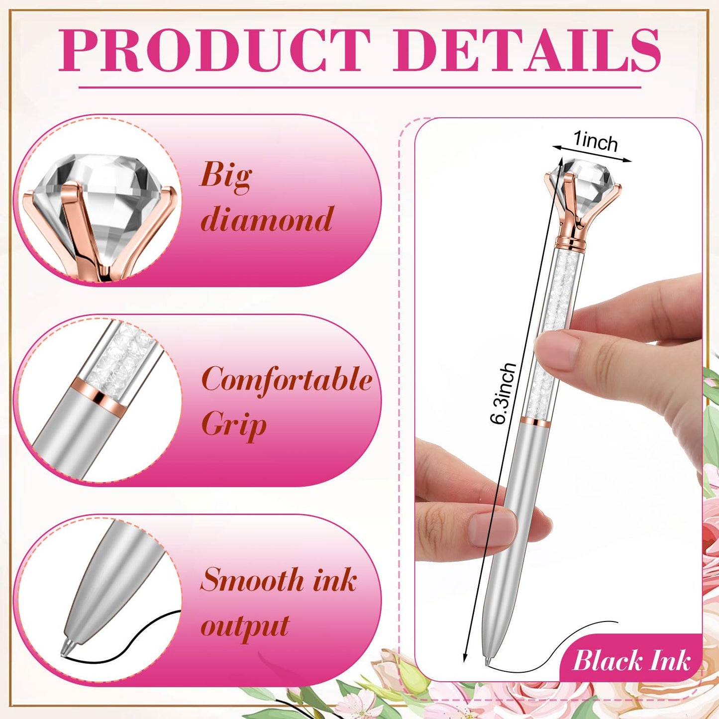 Sherr 100 Pack Big Crystal Diamond Pens Cute Ballpoint Pens Retractable Ballpoint Rhinestones Crystal Bling Gem Plated 4 Color Black Gel Ink Office Supplies Gifts for Women(Silver,Wedding Style)