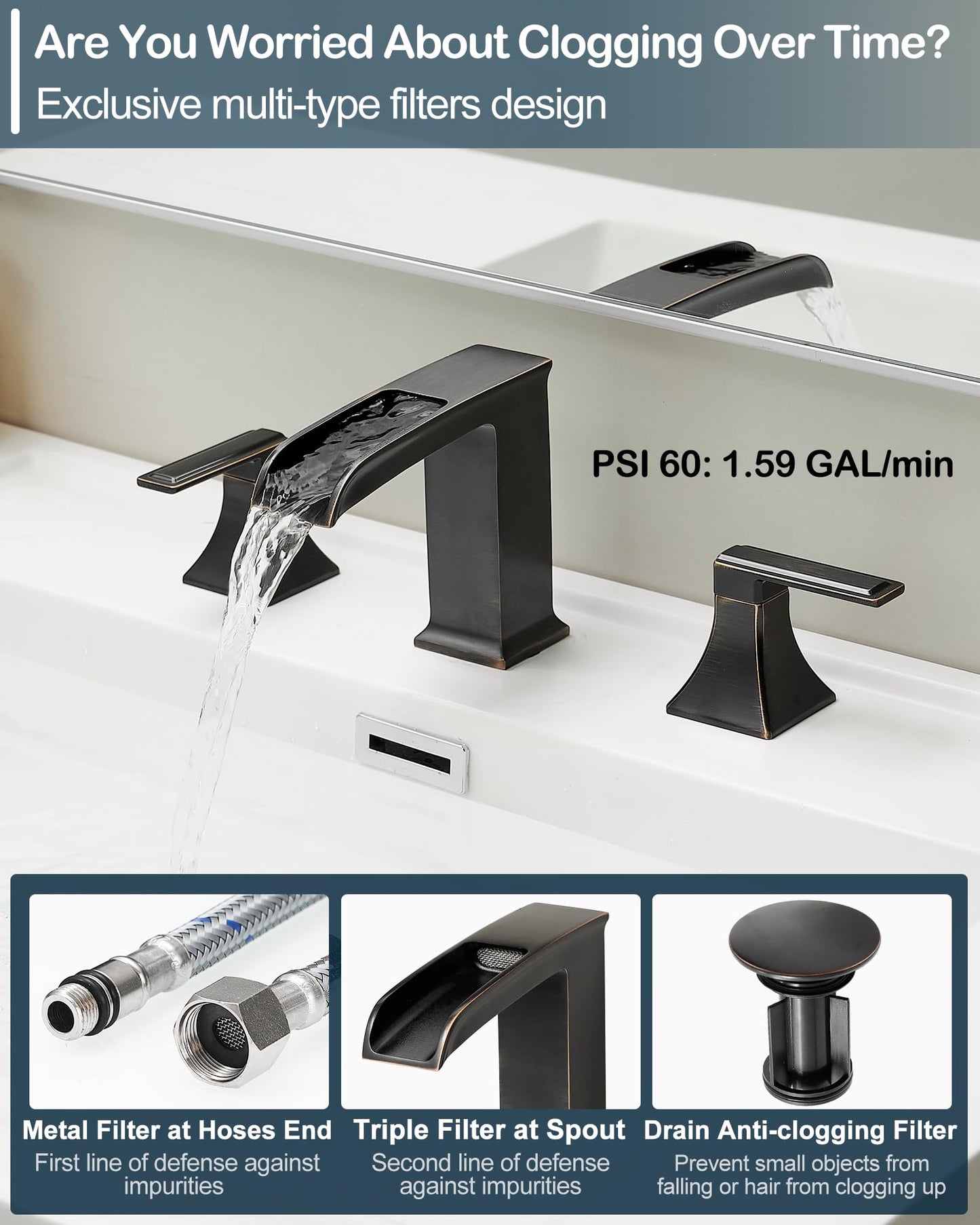 HEYMYTAP Oil Rubbed Bronze Bathroom Faucet 3 Hole, 4-16 Inch Brass Waterfall Faucet for Bathroom Sink, 2 Handle Vanity Bathroom Faucets with Pop-up Drain and Supply Hoses