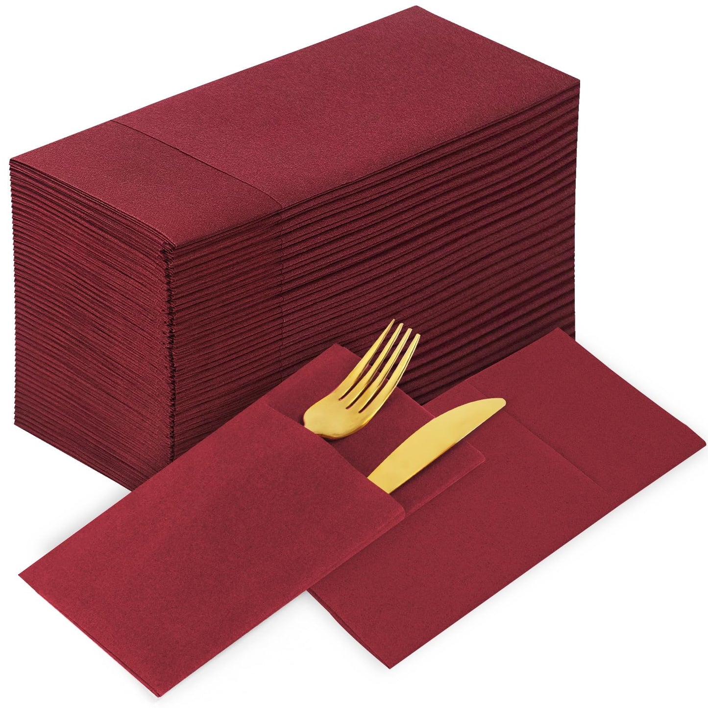 KAMMAK Burgundy Napkins Disposbale Wine Red Cloth like Paper Dinner Napkins with Pocket 100 Pack Guest Hand Towel for Party Decoration, Wedding Reception, Bathroon, Restaurant (16.5 x 16.5 inch)