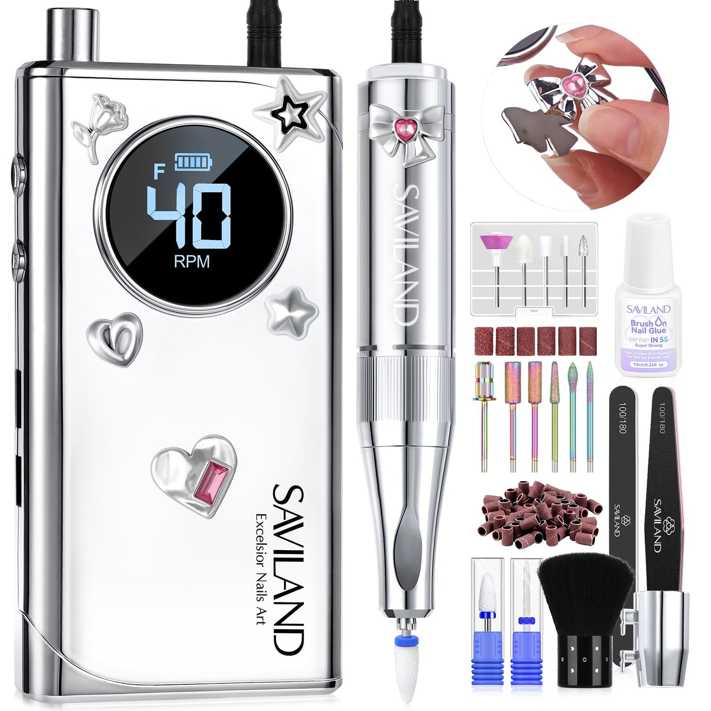 SAVILAND Electric Nail Drill Professional: 2024 Pro Future Tech 40000RPM Nail Drill Kit E File for Acrylic Nails Gel Polish Rechargeable 6000mAh Portable Nail Filer Drill Bits Salon Manicure Pedicure