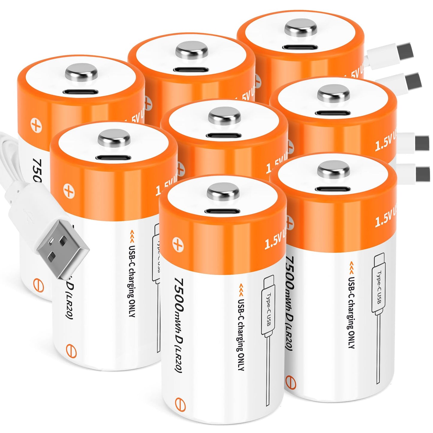 TEMIBATT Rechargeable D Batteries 8 Pack, 1.5V 7500mWh Lithium D Battery with USB-C Charging Cable, Long-Last for Flashlight, Toys, Floodlights & More