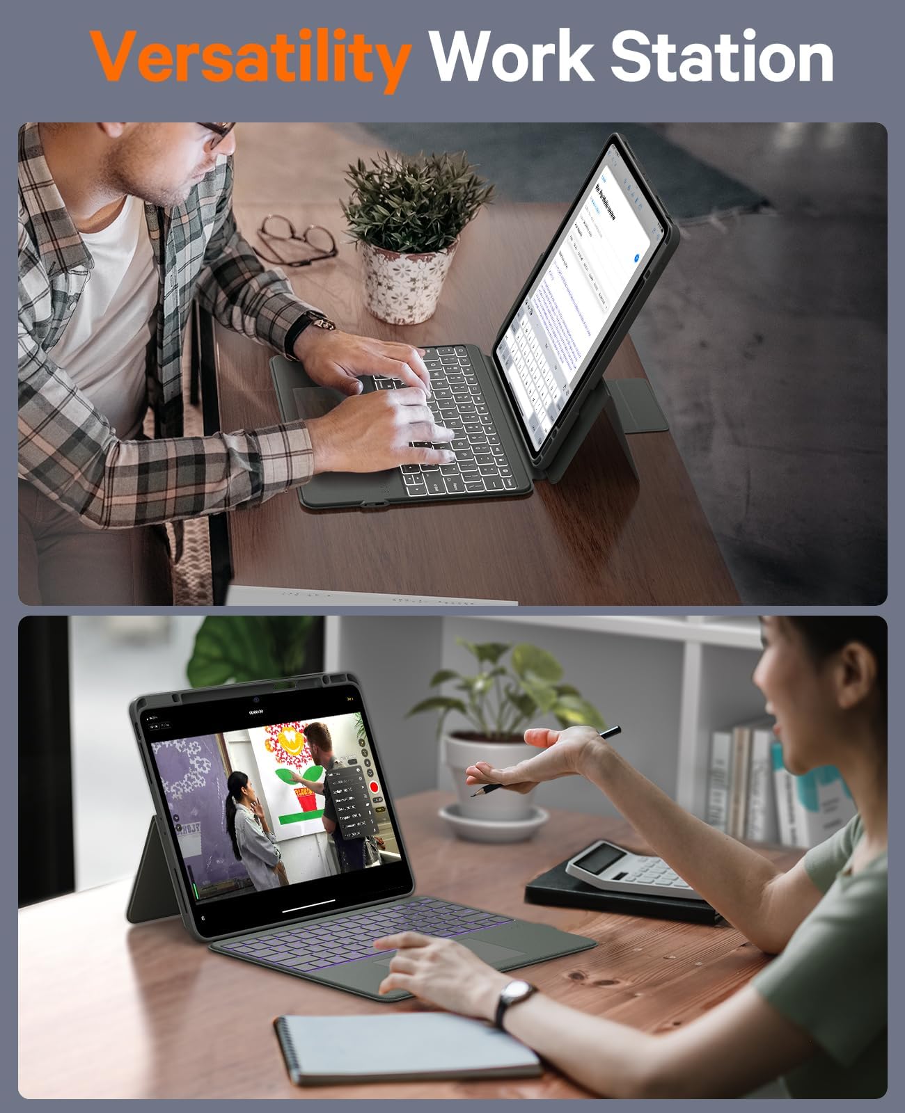 CHESONA Rugged for iPad Air 13 Inch (M3/M2, 2025/2024), iPad Pro 12.9 Case with Keyboard, Magnetic Detachable Case & 7-Color Backlit, Smart Trackpad, 15°-180° Adjustable, Portrait/Landscape, Gray