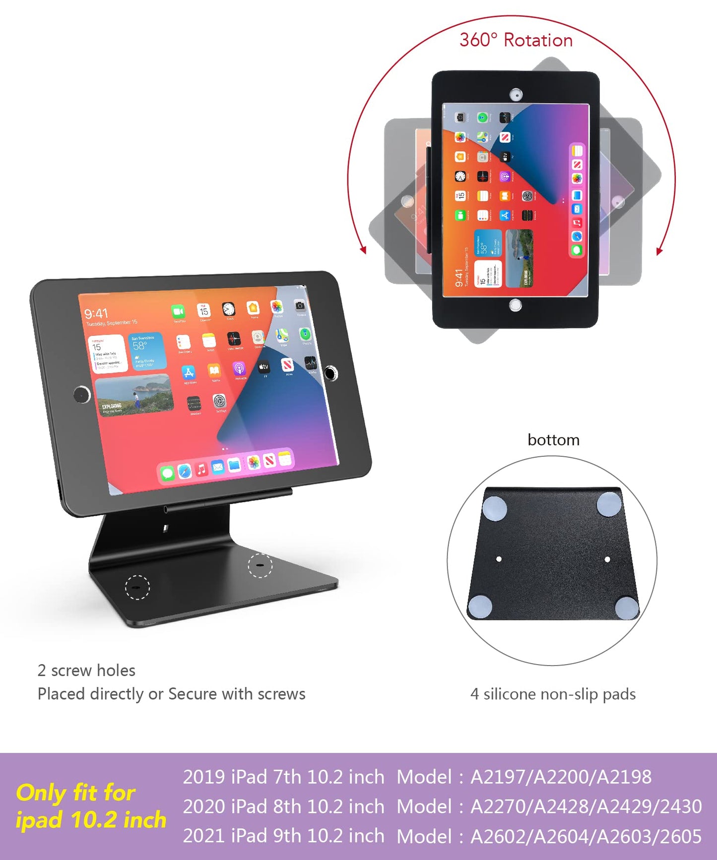 DDSHOW Desktop Anti-Theft Security Kiosk Stand Holder Enclosure for iPad 10.2-Inch (9th Gen.2021,8th Gen.2020,7th Gen.2019),with Lock and Key,Flip &360°Rotating Horizontal or Vertical Design(Black)