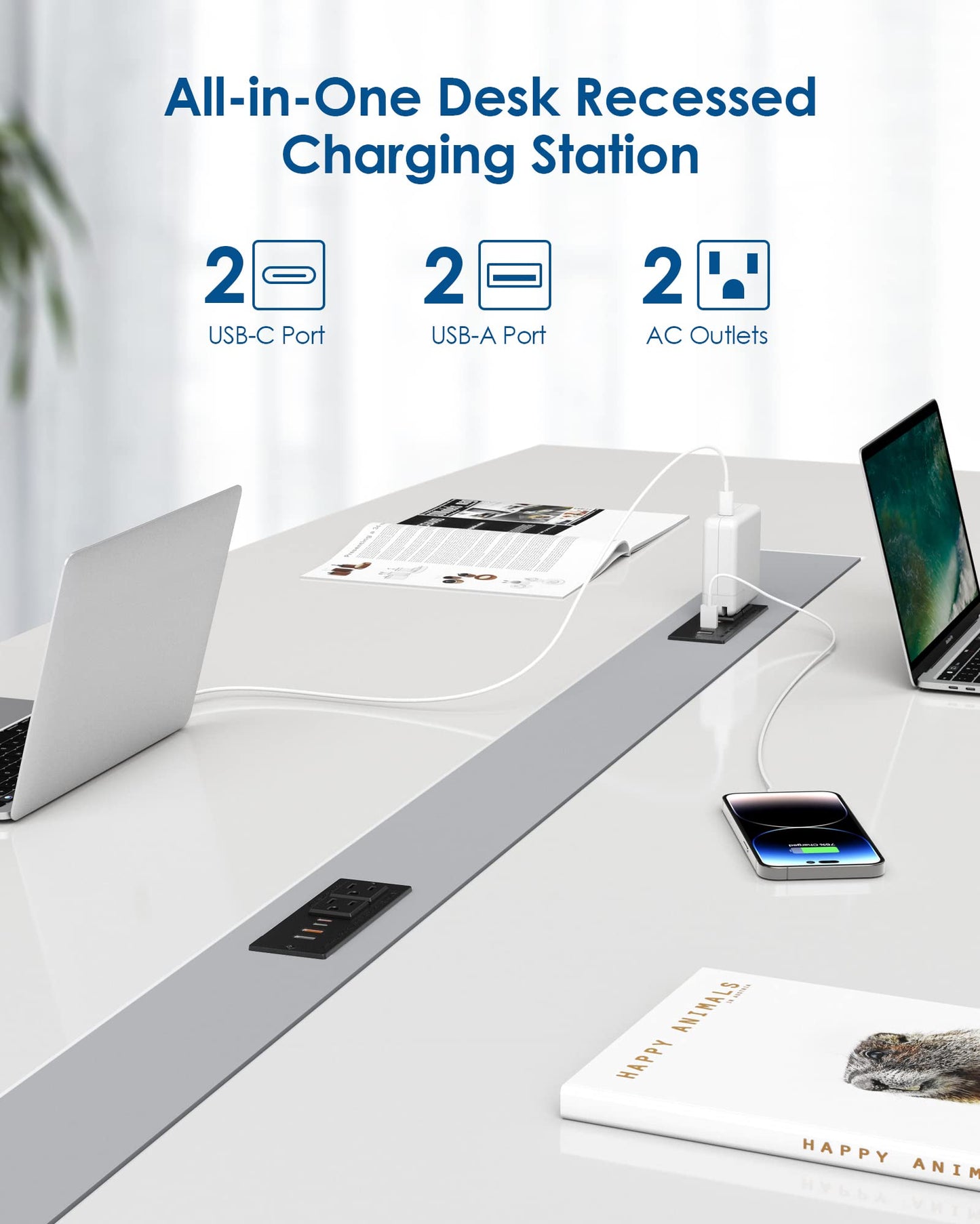 45W USB C Recessed Power Strip,Flush Mount Desk Recessed Outlet,Space-Saver for Furniture Side Table,2 USB-C &2 USB-A Ports,2 AC Outlets,6ft Cord,Ultra Thin Flat Plug