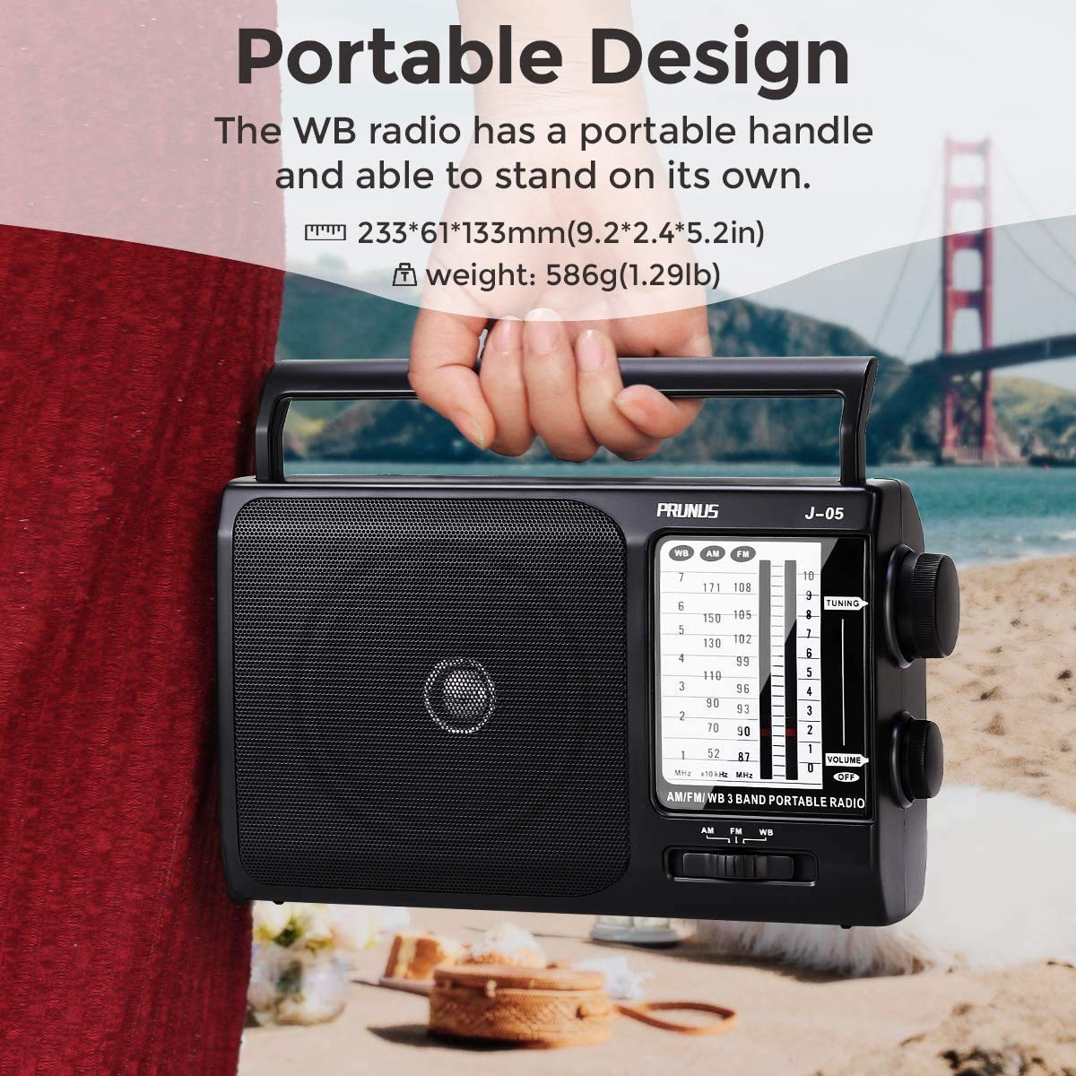 NOAA Weather AM FM Portable Radio with Best Reception, Transistor Radio, Battery Operated Radios by 3X D Cell Batteries or AC Power for Household & Outdoor, Plug in Wall by PRUNUS