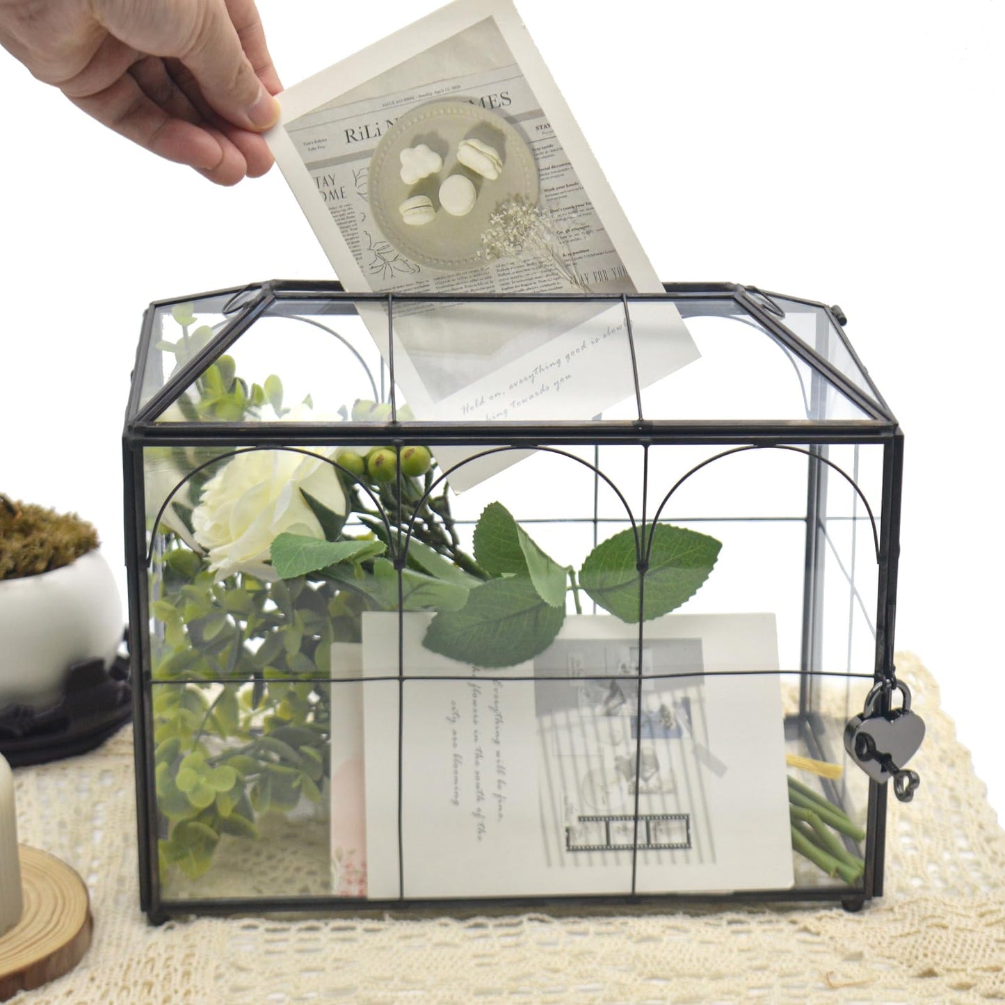 Gimotar Large Black Glass Card Box with Lock and Slot - Wedding Envelope Card Holder for Reception - Clear Lock Box with Key - Geometric Handmade Vintage Card Box for Wedding Party (Medium-Black)