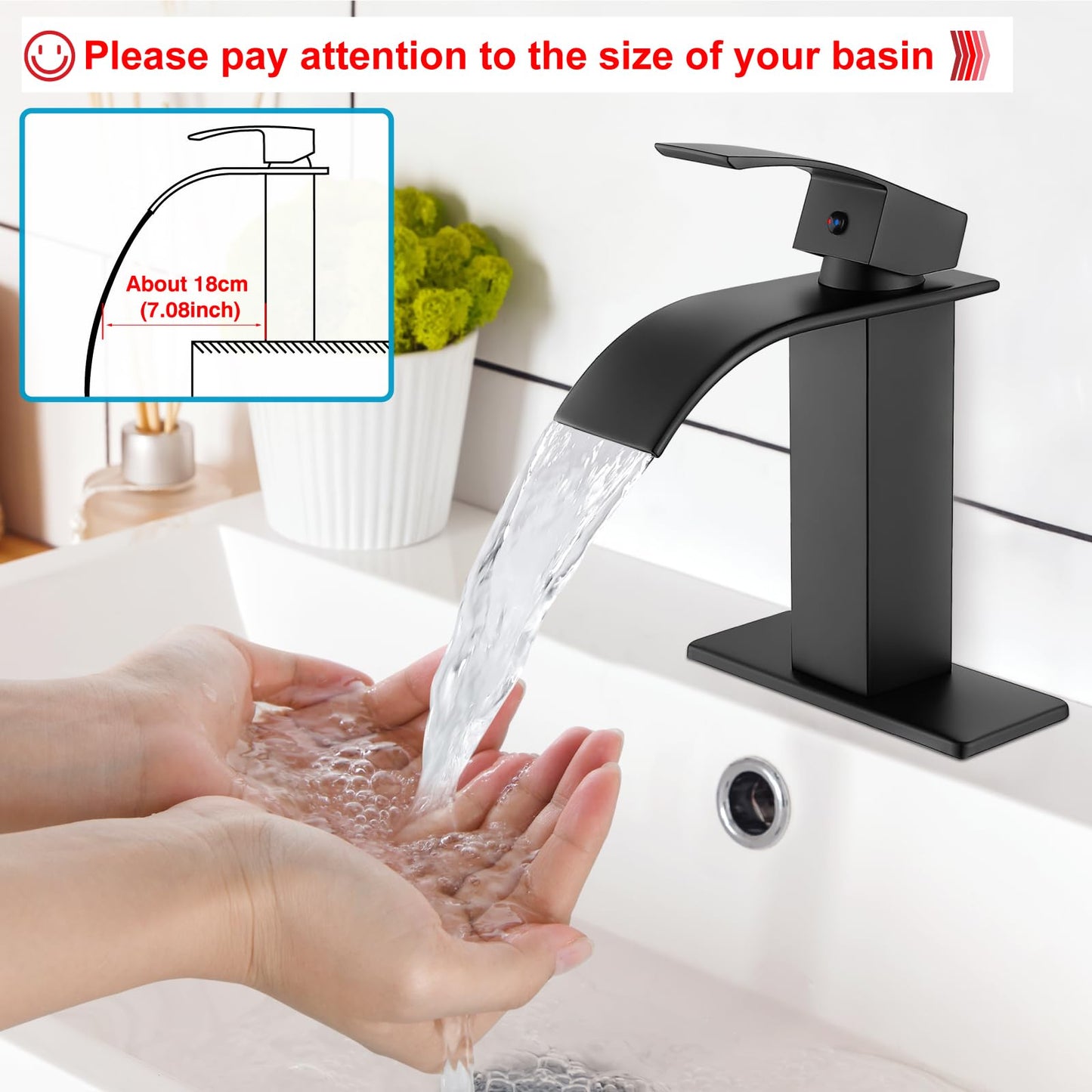 Midanya Matte Black Bathroom Sink Faucet Waterfall Spout Single Handle 1 Hole Deck Mount Mixer Tap Lavatory Vanity Sink Faucet Commercial with Deck Plate and Pop Up Drain