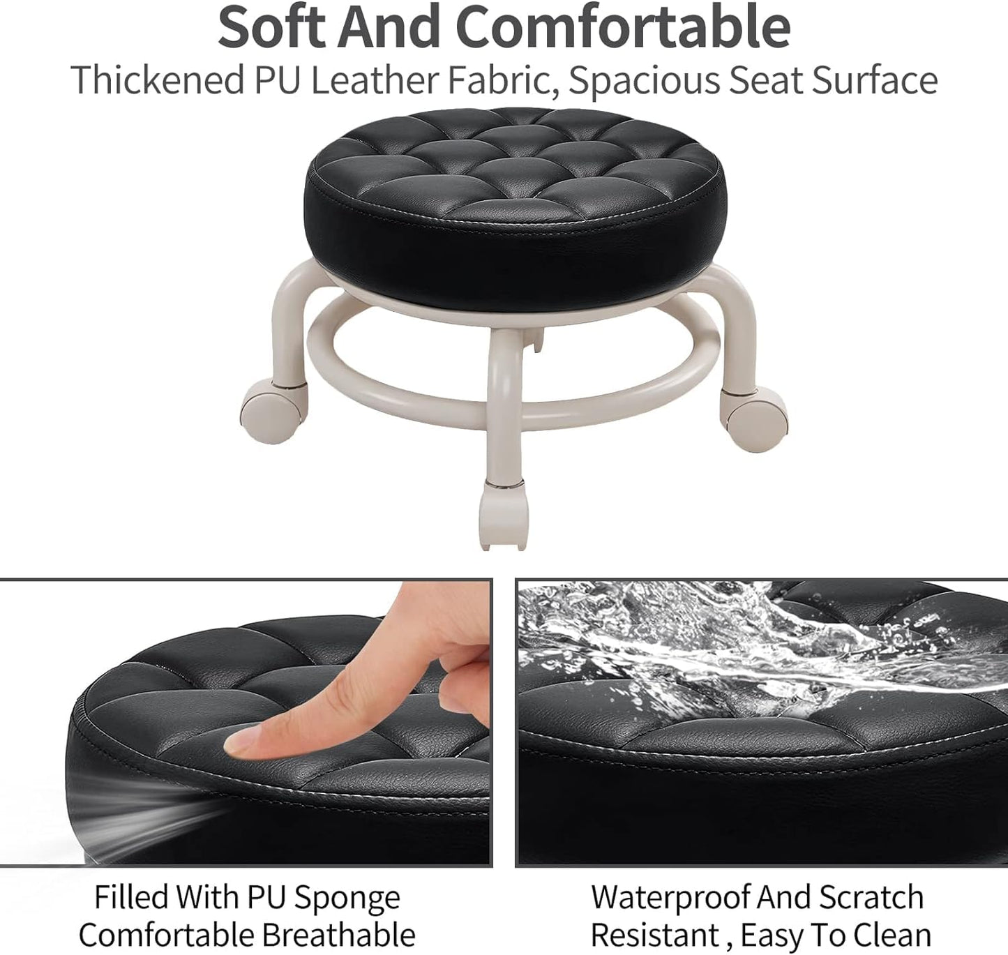 KELAICAIONE 360 Rotating Low Stool，Rolling Pulley Stool, Low Stool with Wheels, Shoe Changing Makeup Cleaning with Wheels, Pedicure, Massage SPA and Home (Black)