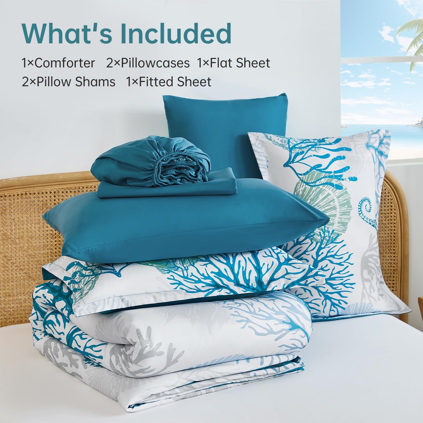 WONGS BEDDING Coastal Comforter Set Queen, Beach Themed Comforter,7 Pieces Ocean Nautical Seaweed & Starfish Bed in a Bag (90"×90")