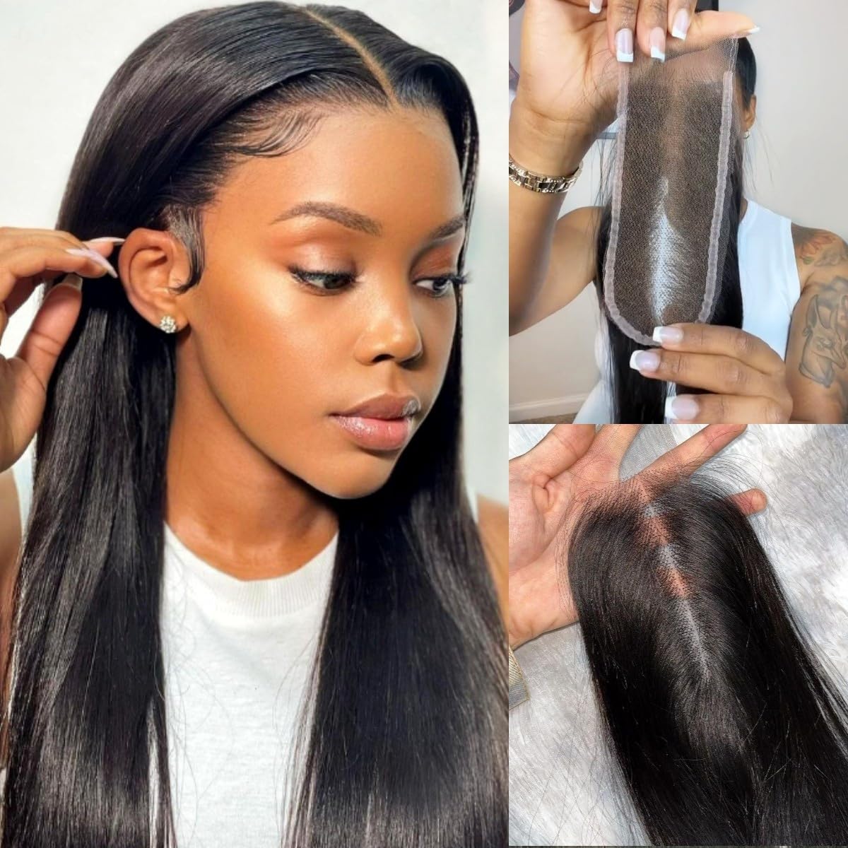 Mnador 2x6 SKINLIKE Real HD Lace Closure Deep Parting Straight Human Hair 0.095mm Ultra-thin hd lace Closure Tiny knots Brazilian Virgin Human Hair Closure pre plucked with Natural Hairline, 16inch
