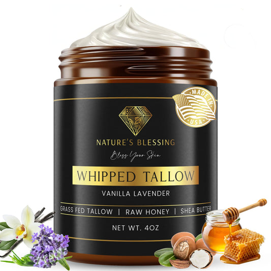100% Grass Fed Beef Tallow for Skin Infused with Organic Honey, Organic Shea Butter - Organic Vanilla Lavender Scented - Collagen Booster - 100% Natural Skincare - Deep Moisturization - PATENT PENDING