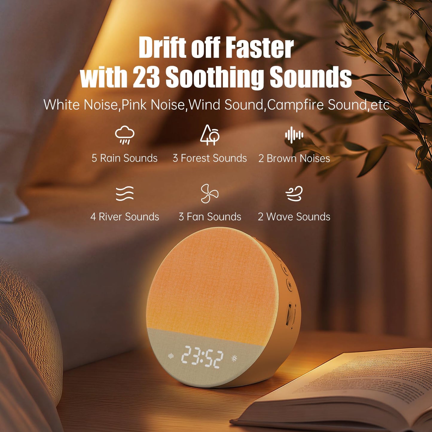 Alarm Clock Sound Machine Sleeping, Sunrise Digital Alarm Clocks Bedrooms, Loud Bluetooth Speaker Alarms Clock 23 White Noise Dual Alarms Snooze 12/24H Night Lights Timer USB Charging Dimmer, White