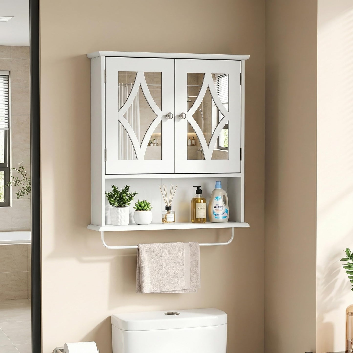 RoyalCraft Bathroom Wall Cabinet with Mirror, Over the Toilet Storage Cabinet with Towel Rack and Adjustable Shelf, Large Bathroom Medicine Cabinet Wall Mount 22x25 inch (White)