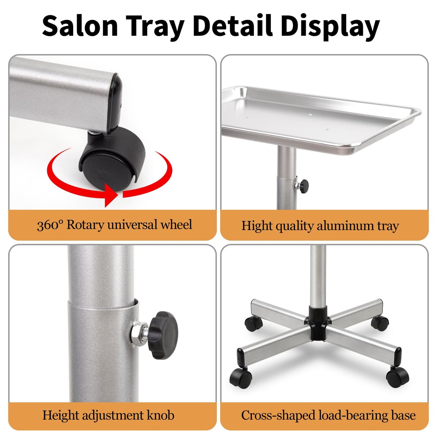 Salon Tray on Wheels, Rolling Tattoo Tray, Adjustable Hair Stylist Tray, Metal Aluminum Mayo Stand Tray, Salon Color Tray Use As Deantal Tray, No-Rusting
