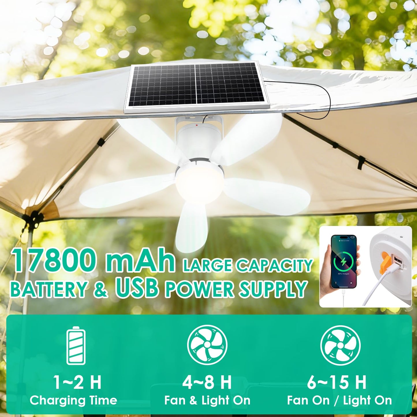 ZIZIWIN 21” Solar Ceiling Fan Light, 30W Solar Powered Portable Gazebo Fan with Remote, Wireless Battery Operated Ceiling Fan Light Outdoor, for Camping RVs Tent Patio Canopy Chicken Coop Outside