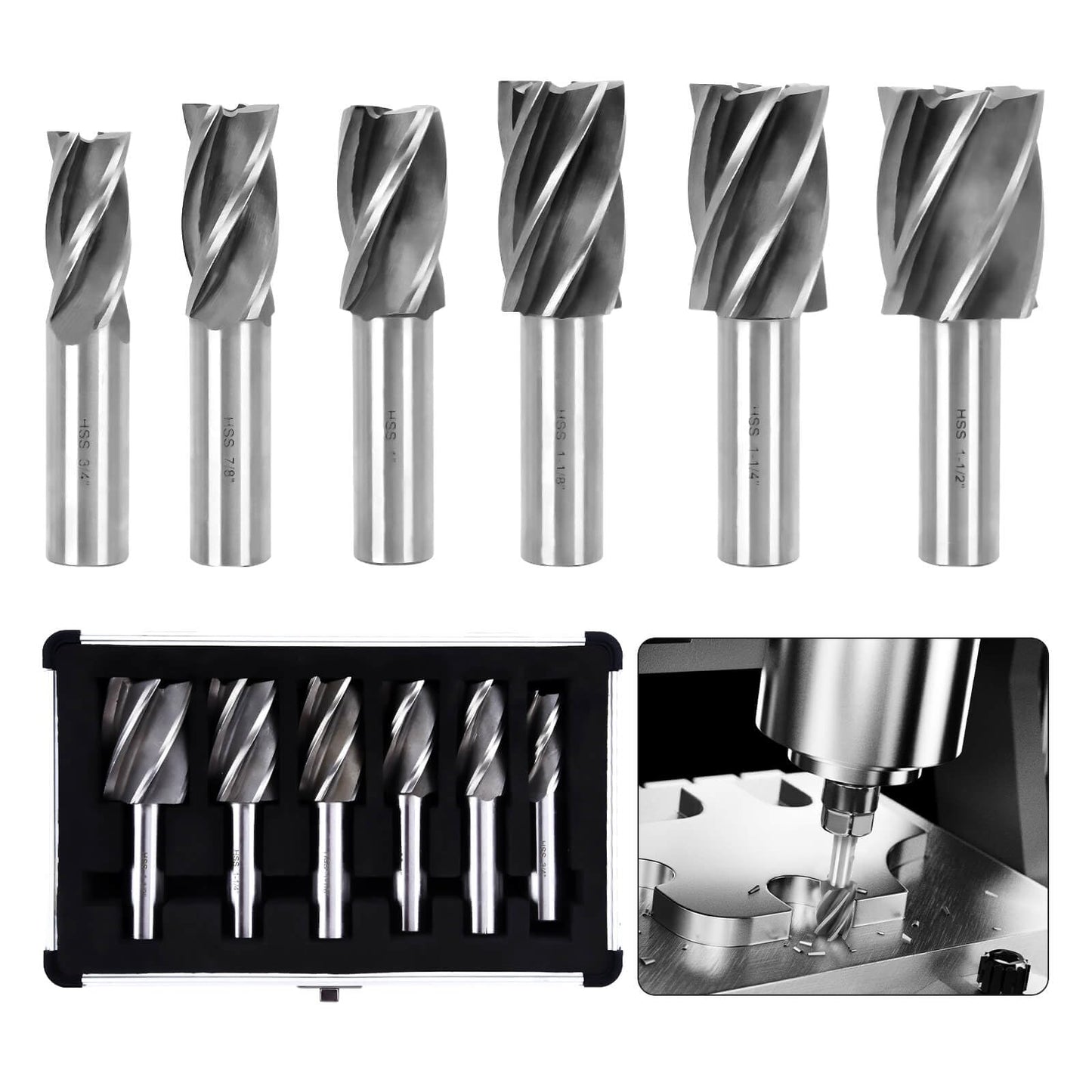 6PCS H.S.S End Mill Set - Bridgeport End Mills 4 and 6 Flute, Cutting Dia 3/4-1 Inch, 3/4" Weldon Shank, Industrial Tools for Versatility and Precision Hard Alloy Steel