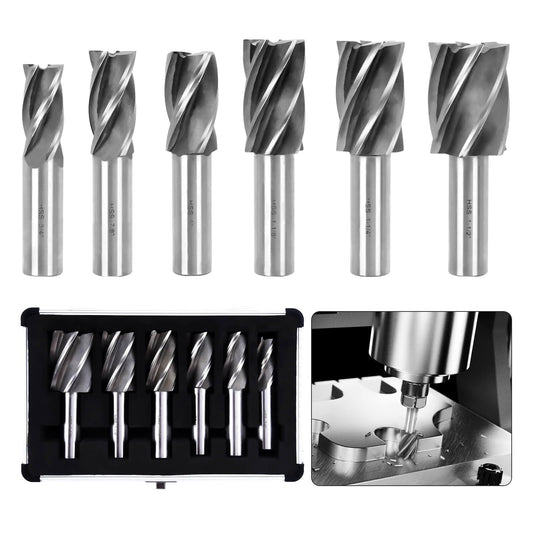 6PCS H.S.S End Mill Set - Bridgeport End Mills 4 and 6 Flute, Cutting Dia 3/4-1 Inch, 3/4" Weldon Shank, Industrial Tools for Versatility and Precision Hard Alloy Steel