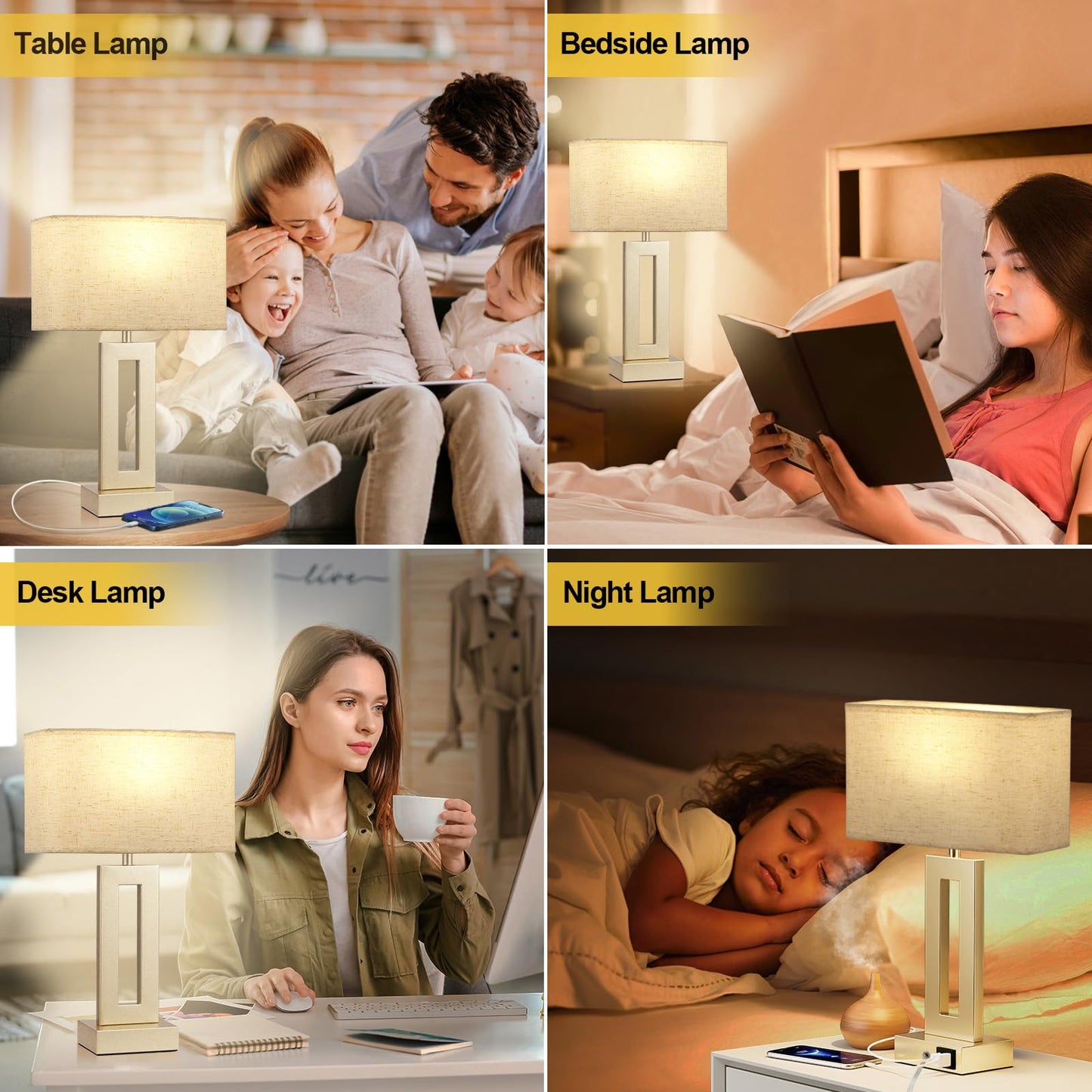 Seealle Bedroom Table Lamps Set of 2 - Beige Gold Touch Bedside Lamps with USB C+A, 3 Way Dimmable Gold Lamp for Nightstand, Modern Night Stands Lamps for Living Room
