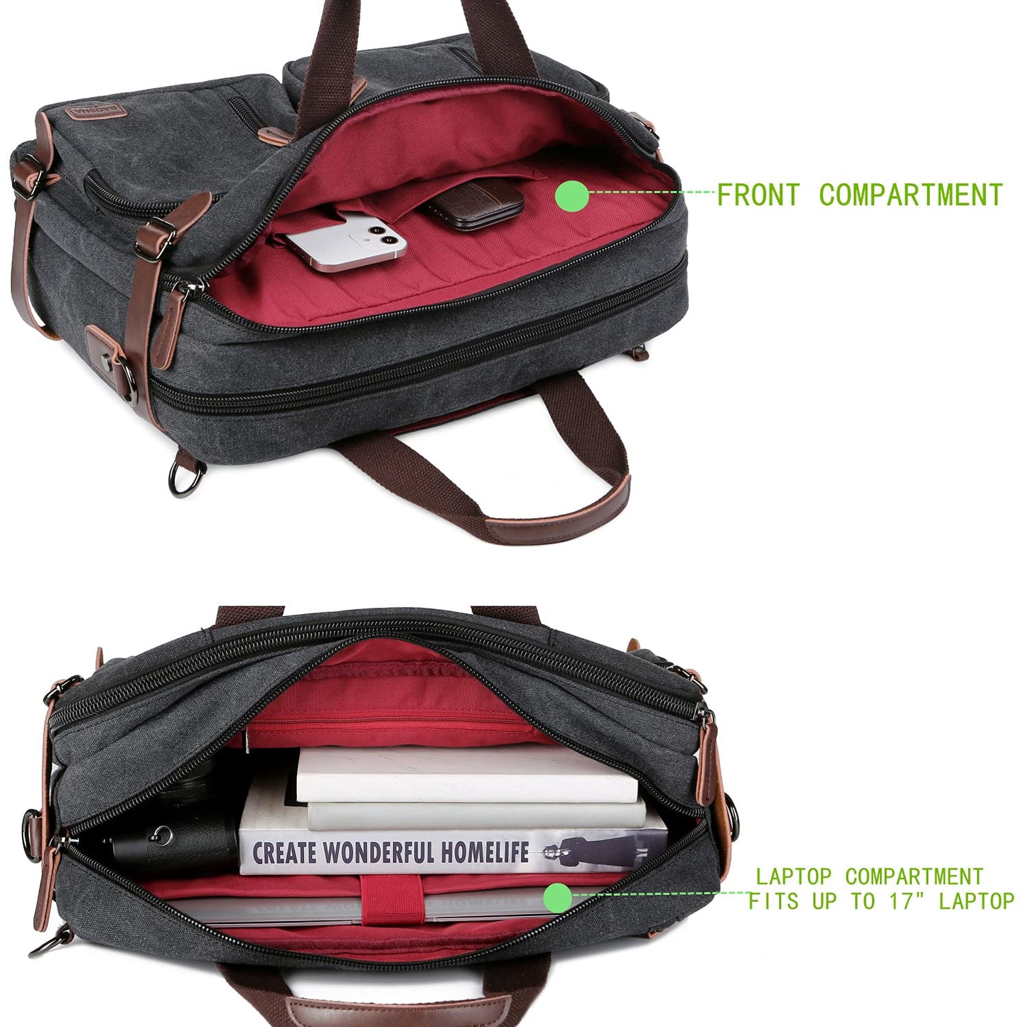 Baosha Convertible Briefcase Backpack 17 Inch Laptop Bag Case Business Briefcase HB-22 (Black-Grey Mixed)