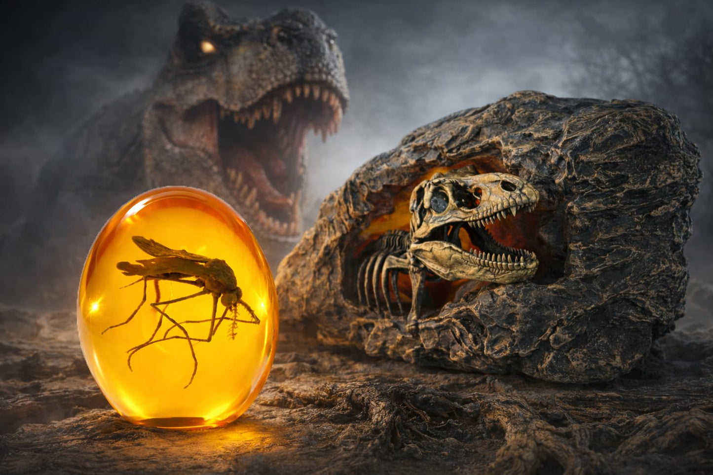 VEOJEIN 3D Mosquito in Amber & Jurassic Cave Fossil Dinosaur Skeleton Collectible Sculpture Resin Model Unique Prehistoric Era Paperweight and Decor Replica Science Gift