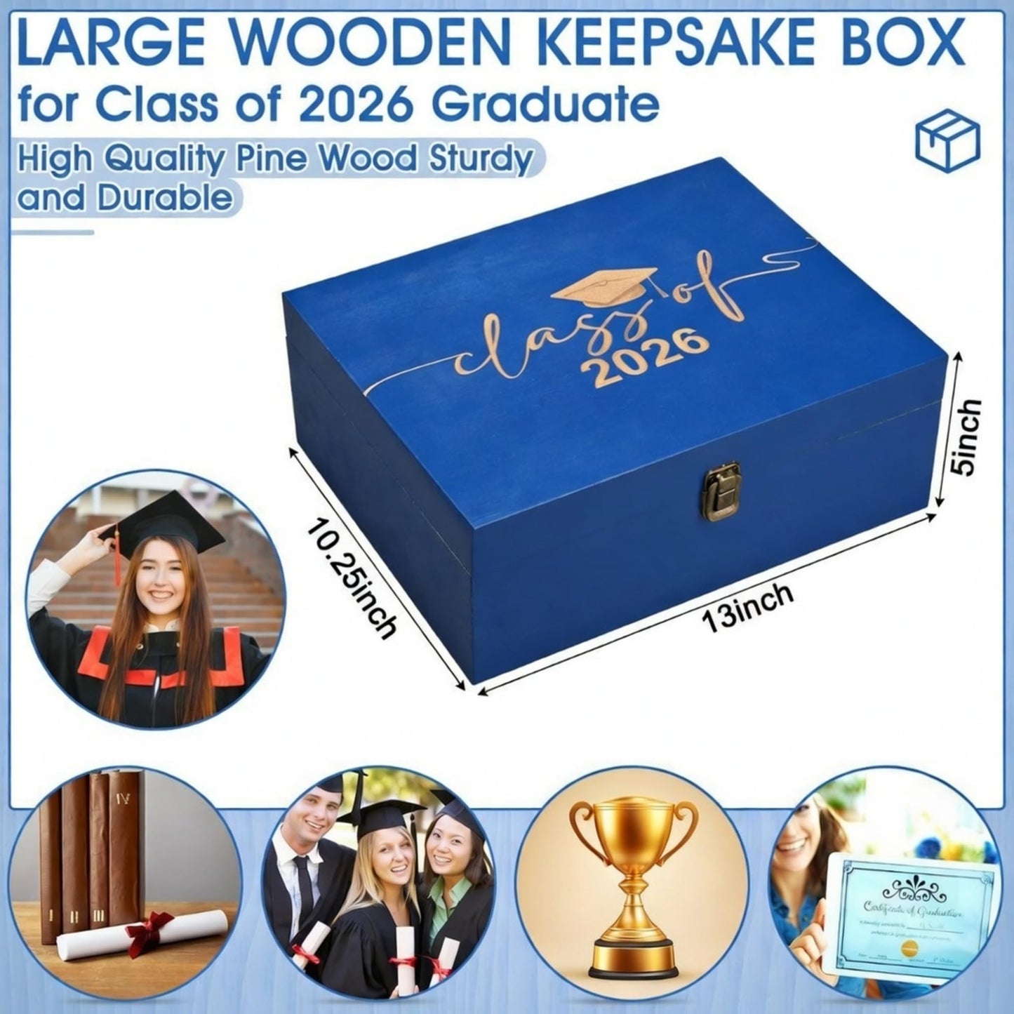 Geelin Graduation Keepsake Wooden Box Class of 2026 Graduation Cap Large Keepsake Box Graduate Wooden Engraving Memento Case for High School College Memory Gifts 13 x 10.5X 5inch(Blue)