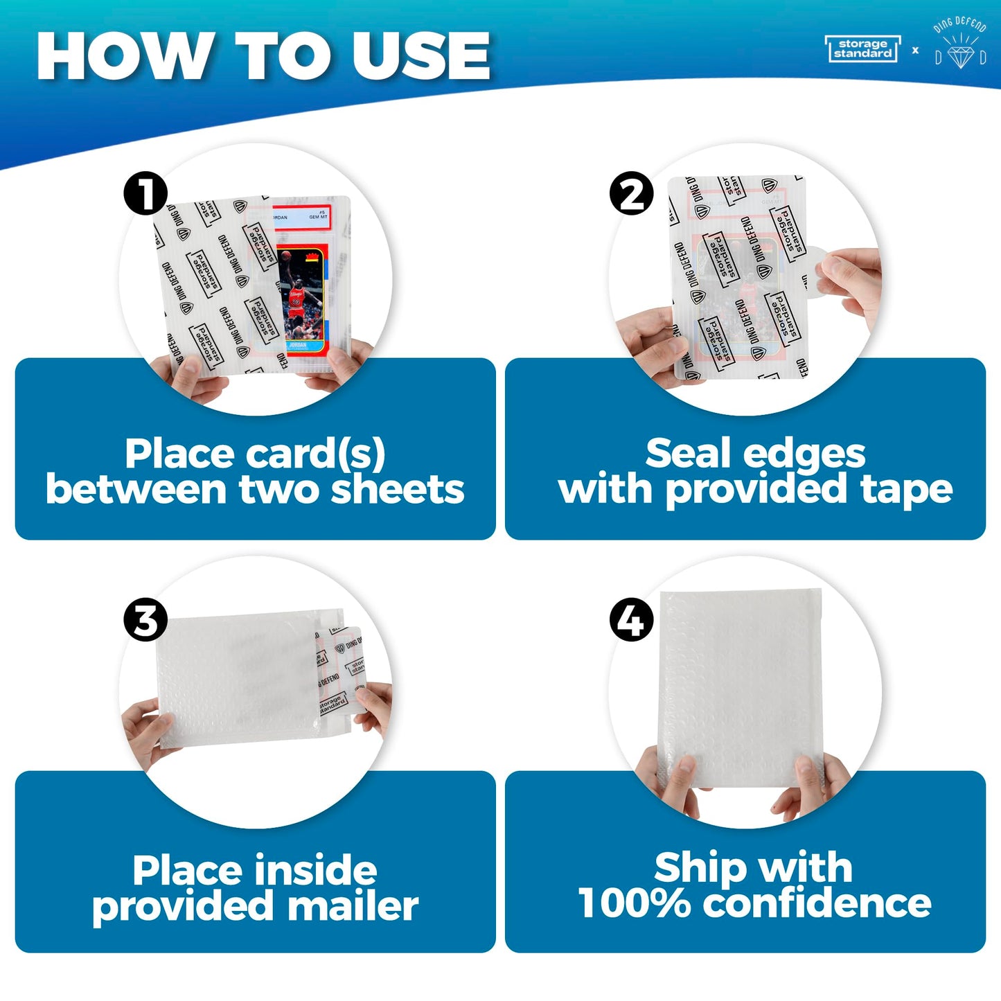 Ding Defend Card Shipping Kit Envelope Bubble Mailers - Includes 110 4’’ x 6’’ Semi-Transparent Small Padded Envelopes/Protectors, 55 Small Bubble Mailers, 240 Tape Seals for Collectible Cards & Slabs