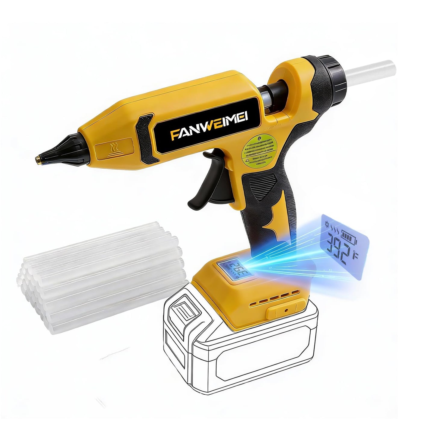 110W Cordless Hot Glue Gun Compatible with DeWalt 18V Battery, Upgraded Digital Adjustable Temp Heavy Duty Glue Gun with 20 Full-Size Sticks for DIY, Arts, Crafts & Home Repair (Battery Not Included)