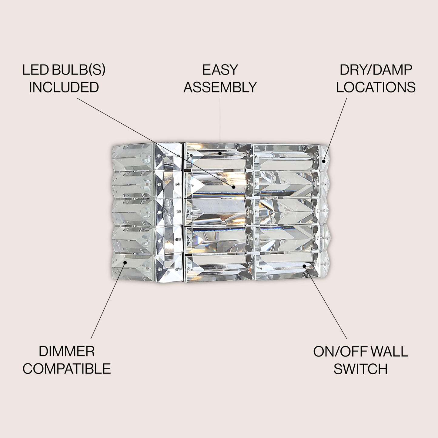 JONATHAN Y JYL7538A Evelyn Crystal Rectangle 10" 1-Light Iron/Crystal Glam Modern LED Vanity Light Classic 2700K LED 2W Bulb Included Bathroom Hallway Living Room Bedroom Mirror Cabinet, Chrome