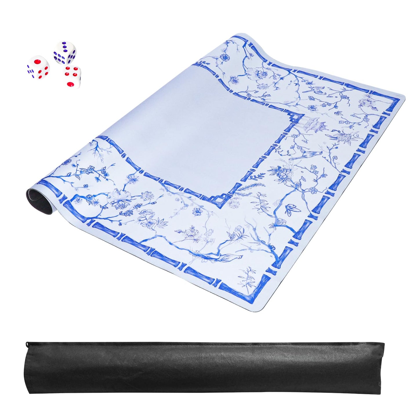 TIASUSAN Large Blue Mahjong Mat (31.5” x 31.5”) with Black Carrying Bag, Anti-Slip, Noise-Reducing Table Cover for Mahjong, Poker, Board Games, Dominoes, and Card Games