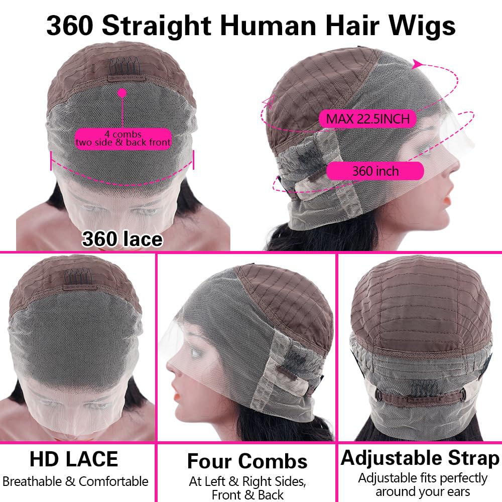sdamey 360 Straight Lace Front Wigs Human Hair HD Transparant Full Lace Human Hair Wigs For Women 200 Density Wigs Human Hair Pre Plucked With Baby Hair 12A Brazilian Virgin Hair Natural Color 18inch