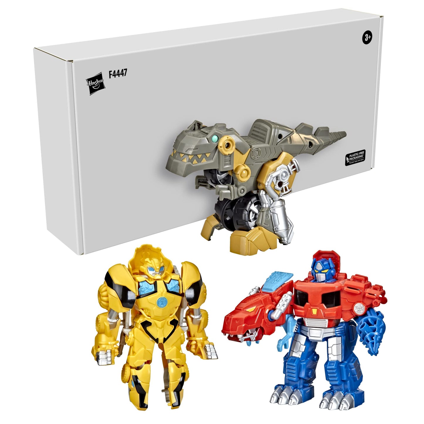 Transformers Primal Team-Up 3-Pack with Optimus Prime, Bumblebee, and Grimlock Converting Dinosaur Figures, 4.5-Inch Toys, Ages 3 and Up (Amazon Exclusive)