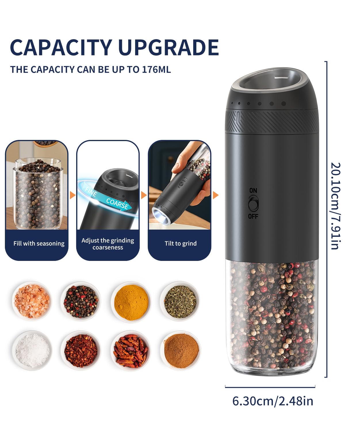 CIRCLE JOY Rechargeable Salt and Pepper Grinder Set, Gravity Sensor Electric Salt and Pepper Grinder Set with External Adjustment, 176ml Capacity and One-handed Operation, Black