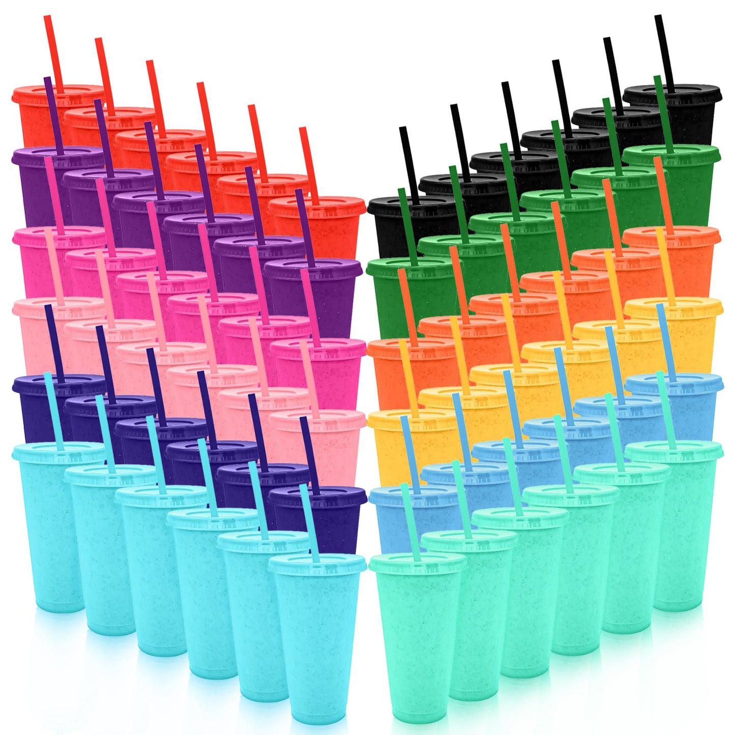YOUKE OLA 72 Pack Glitter Plastic Cups with Lid and Straw, 24 oz Bulk Reusable Cup for Coffee Cup for Adult Birthday Party (Mix Color)