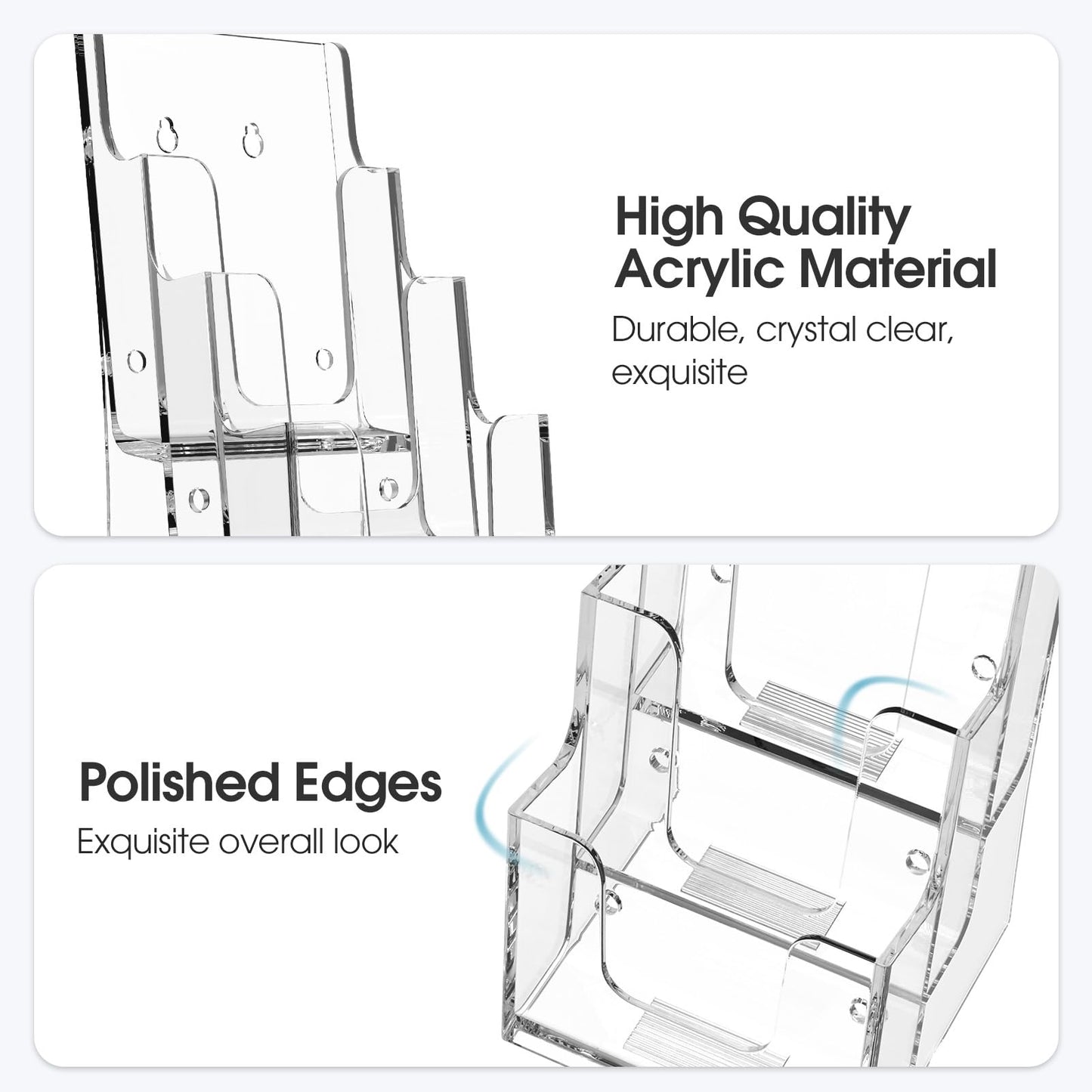 MaxGear Acrylic Brochure Holder, 4 Inch Wide 3 Tier Literature Display Stand, Clear Premium Acrylic Pamphlet Holder, Multi Pocket Wall Mount or Countertop Organizer, Office or Home Use, 4 Pack