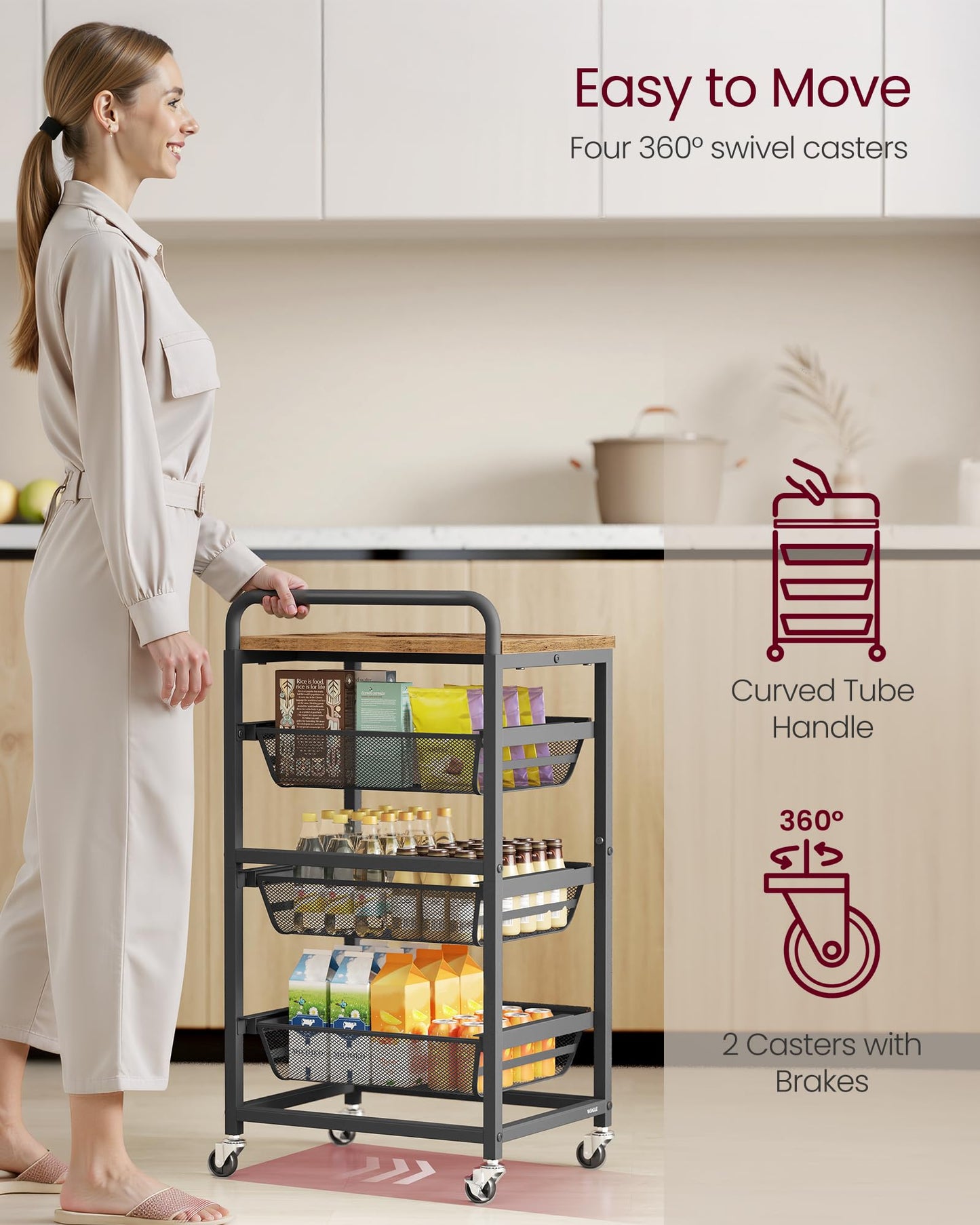 VASAGLE Storage Rolling Cart with Pull-Out Baskets, 4-Tier Utility Cart Orgnizer with Wheels for Laundry Room, Kitchen, Handle, 12.5 x 15.8 x 29.9 Inches, Rustic Brown and Ink Black ULRC040K01