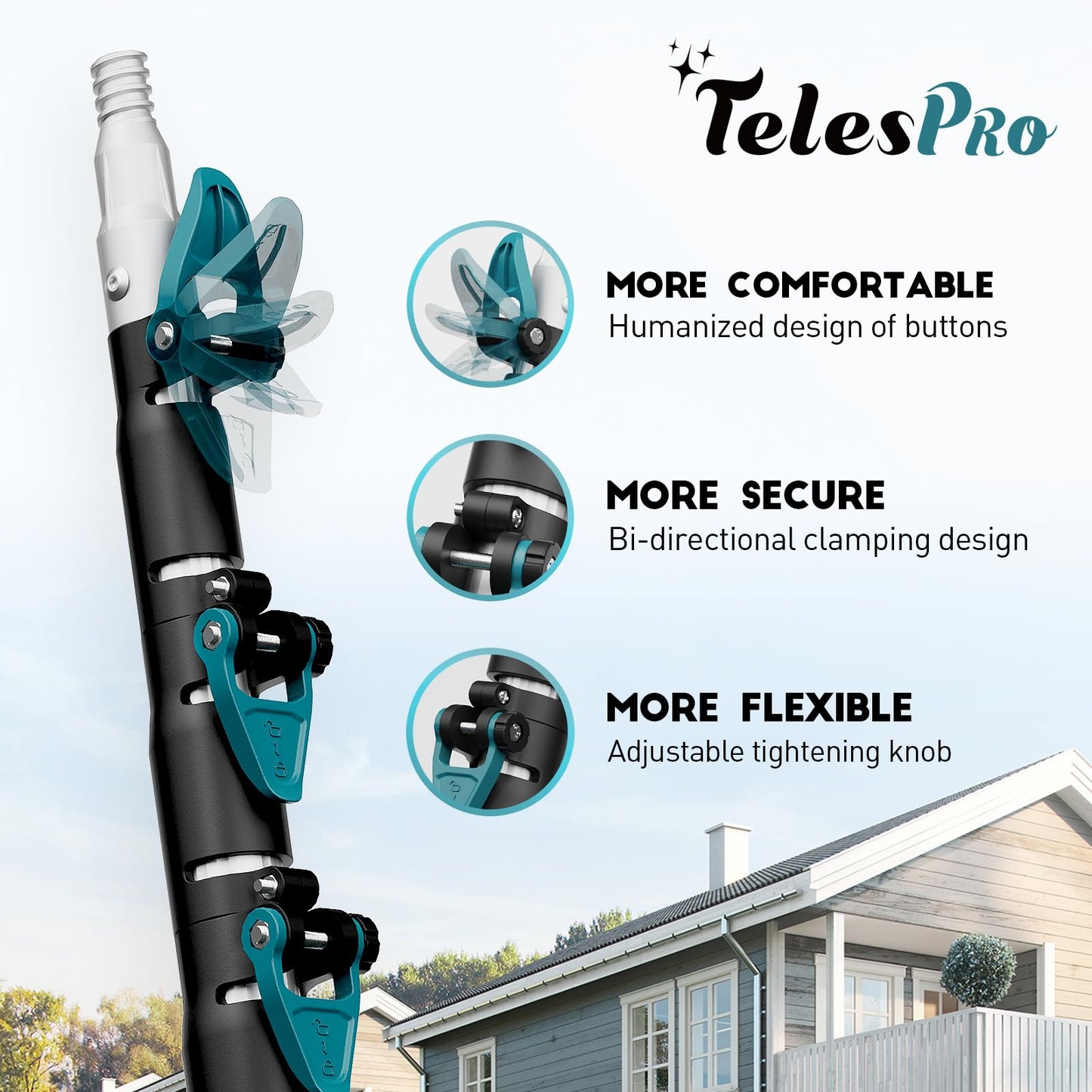 TelesPro 30 Feet High Reach Window Squeegee with 6-24 Ft Extension Pole, Window Cleaner Tool with 5-Stage Telescoping Pole, Window Cleaning Kit with Rotatable Head (2 Squeegee & 2 Microfibre Cloths)