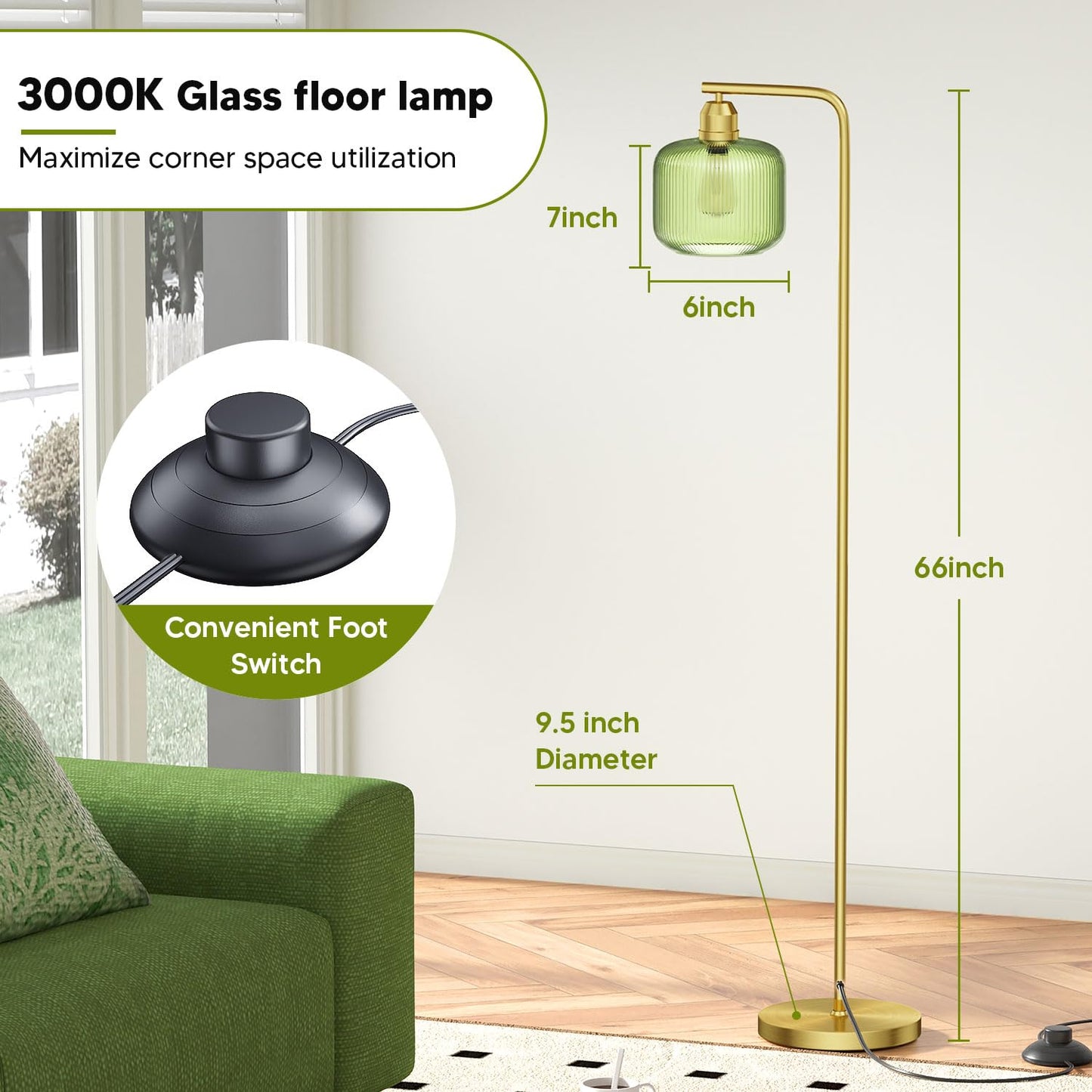 Glass Floor Lamp for Living Room, Modern Standing Lamp with Green Ribbed Glass Lampshade and Pedal Switch, 66” Tall Lamp & Gold Floor Lamp for Bedroom Study Room,Brushed Gold(3000K LED Bulb Included)