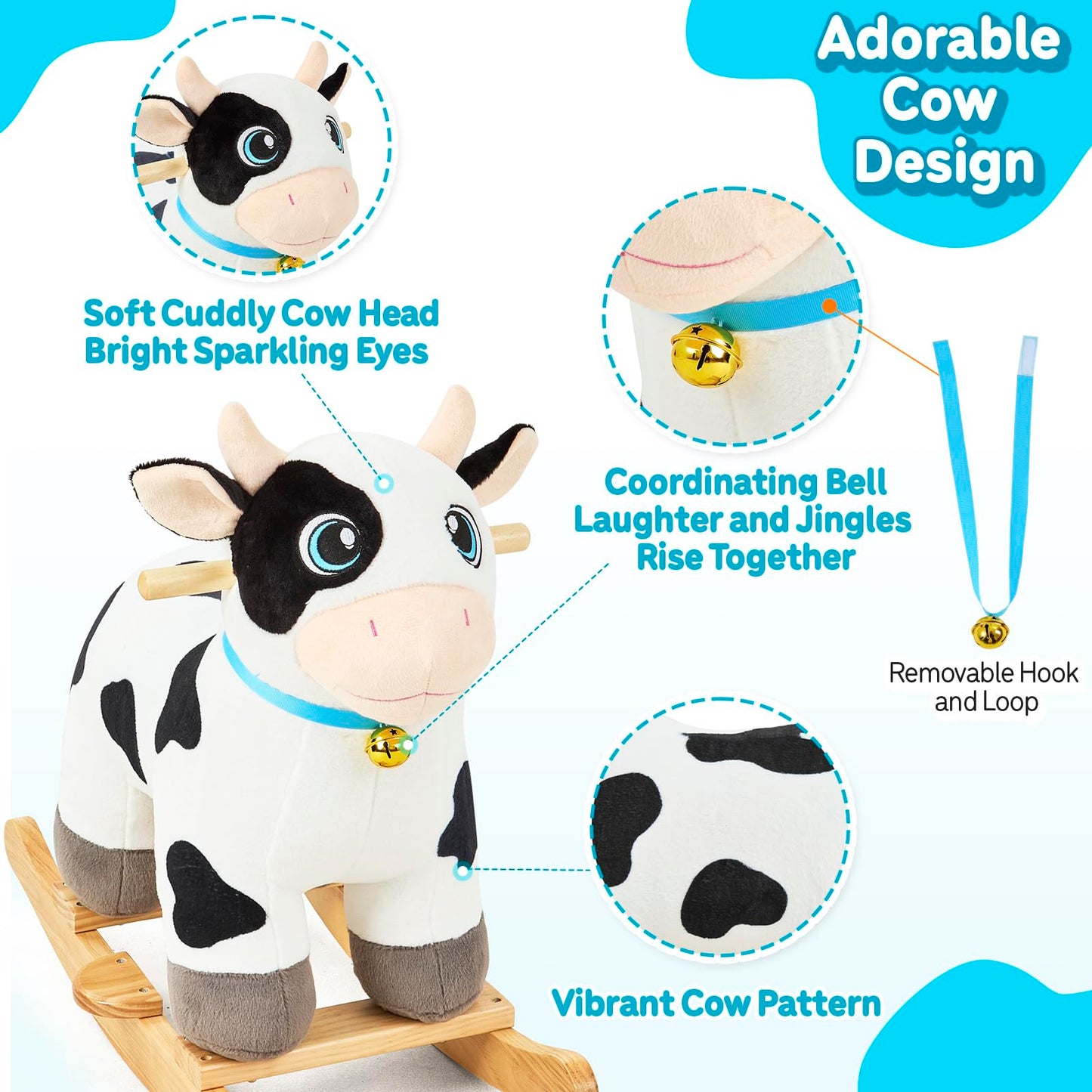 FUNLIO Cow Rocking Horse Ages 1-3, Adorable Baby Rocking Horse with Cuddly Head, Bright Sparkling Eyes & Jingling Bell, Stuffed Plush Ride-on Baby Rocker, Easy to Assemble, CPC & CE Certified