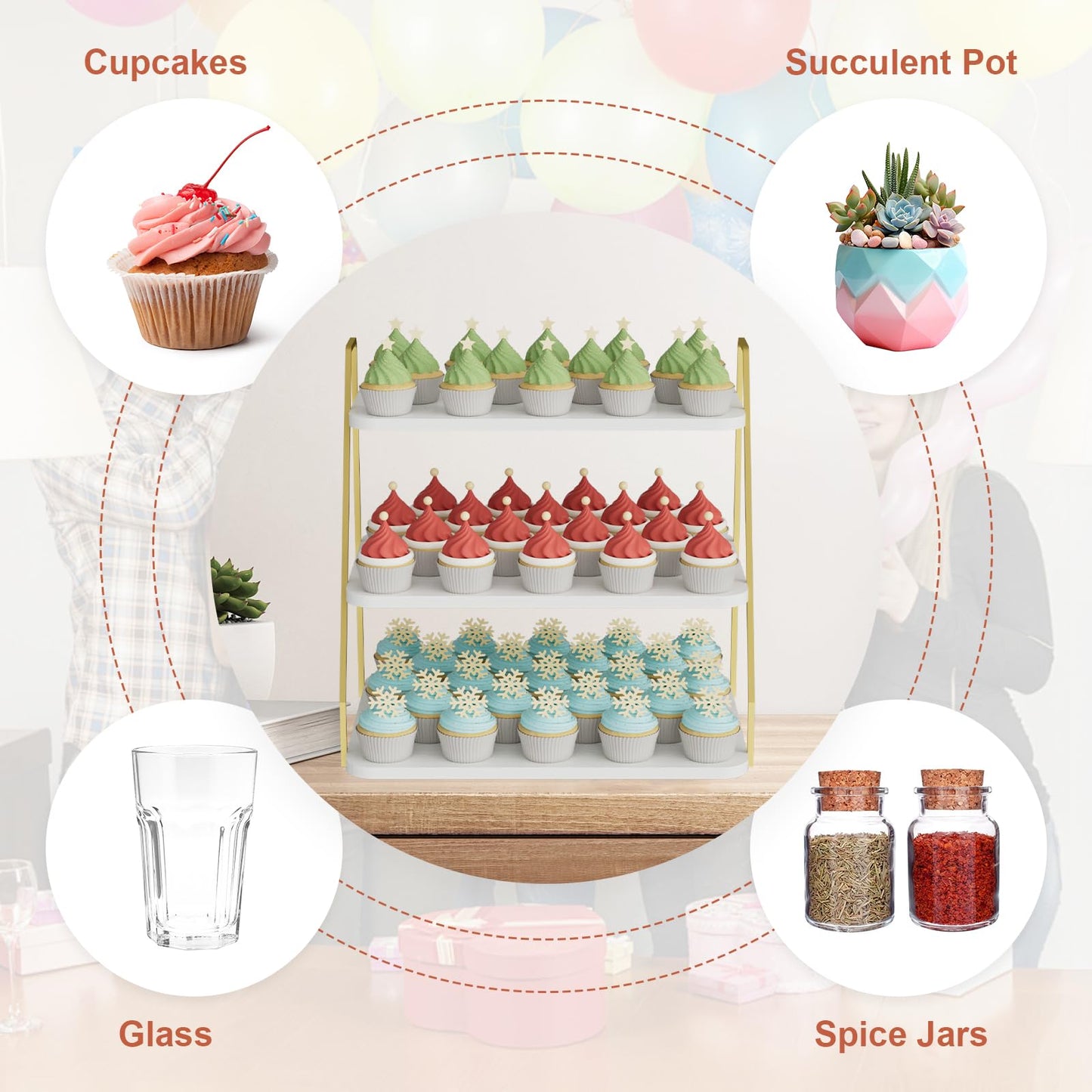 VyGrow Cupcake Stand, 3-Tier Dessert Stand for 55 Cupcakes, Wood & Metal Tower Display Premium Holder Dessert Tree Tower for Christmas Birthday Weddings Party Decor, Serving Tray (White & Gold)