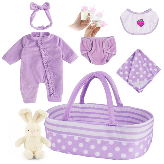 BABESIDE 8 Pcs Baby Doll Accessories, Reborn Baby Dolls Clothes with Bassinet for 17-22 Inch Baby Dolls, Outfit fit Newborn Babies Doll Girl, Babies Pretend Play Set