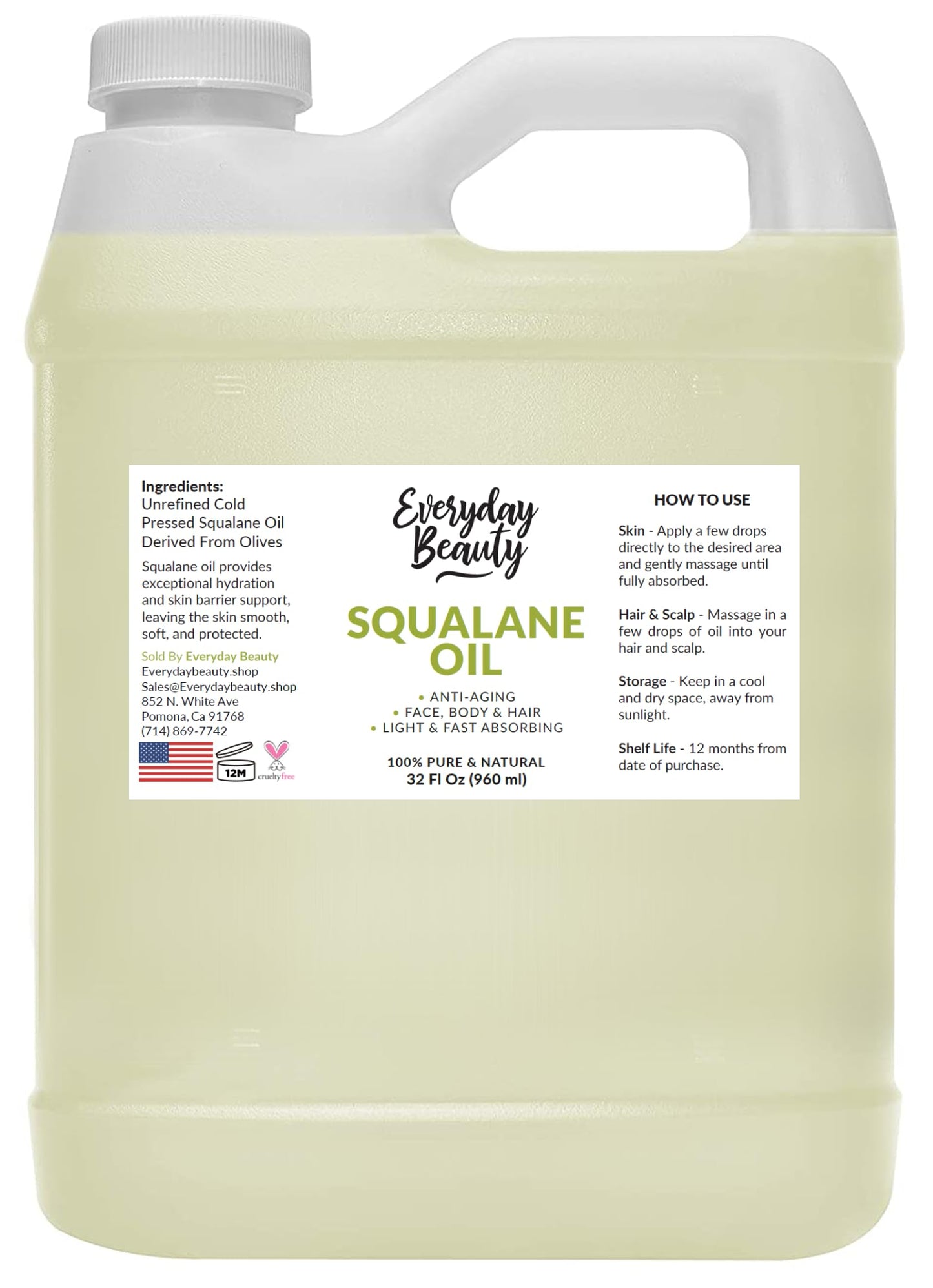 Squalane Oil Bulk- 32 oz 100% Pure & Natural Plant Derived Facial Oil - Cold Pressed and Unrefined Premium Grade Multipurpose Moisturizing Oil For Skin and Hair