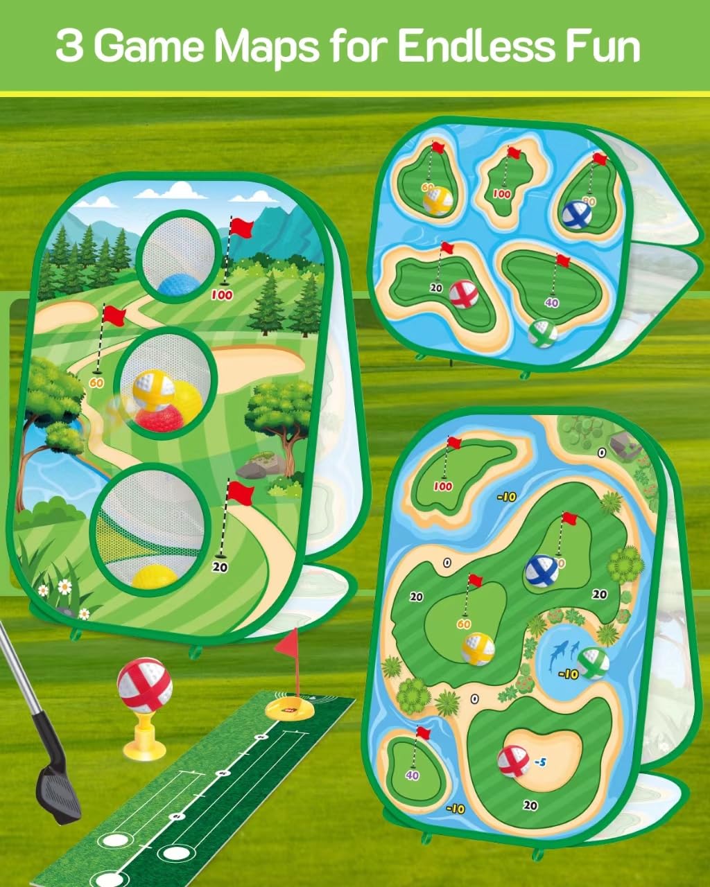 4-In-1 Kids Sticky Golf Games Set With Club, Golf Putting Practice Mat,3-Sided Golf Chipping Net, Multiple Game Modes, Golf Cornhole Board Set, Indoor & Outdoor Golf Practice For Kids & Adults