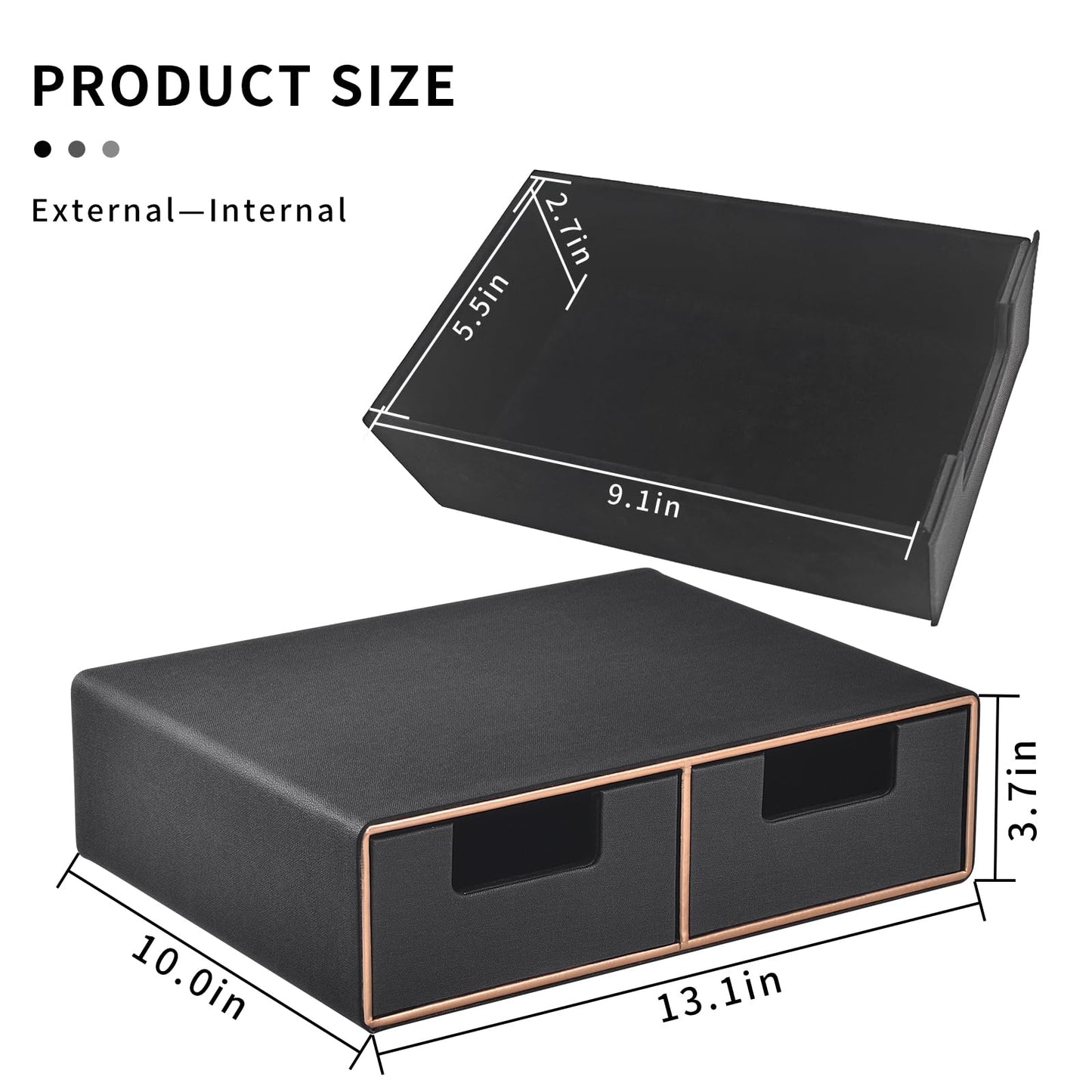 Linen Leather Desk Organizer and monitor stand with Drawers－Mini Desktop Drawer Organizer Stackable－Tabletop Organization Storage Box for Office Supplies Home Vanity Toiletries (Black, 2-drawers)